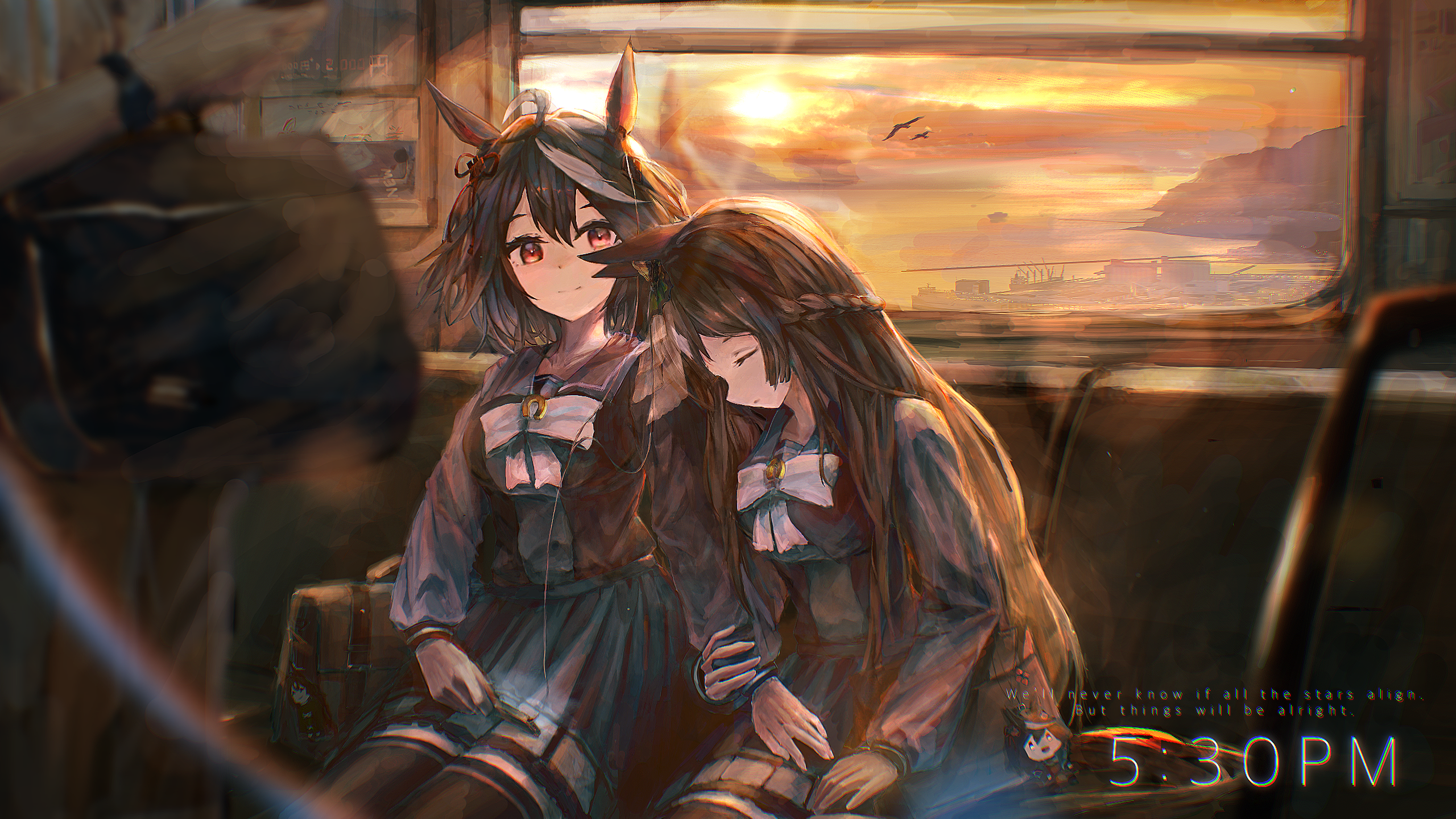 kitasan black (umamusume), satono diamond (umamusume), umamusume, commentary request, highres, 1other, 2girls, ahoge, animal ears, bag, bag charm, black hair, bow, bowtie, braid, breasts, brown hair, charm (object), closed eyes, closed mouth, double-parted bangs, drawer bushi huajia, ear ornament, earphones, english text, hair between eyes, half up braid, holding another's arm, horse ears, horse girl, horse tail, large breasts, leaning on person, long hair, long sleeves, mp3 player, multicolored hair, multiple girls, pleated skirt, purple sailor collar, purple serafuku, purple shirt, purple skirt, purple thighhighs, red eyes, sailor collar, sailor shirt, school bag, school uniform, serafuku, shared earphones, shirt, short hair, shoulder bag, sitting, skirt, sky, sleeping, smile, streaked hair, tail, thighhighs, tracen school uniform, train interior, very long hair, watch, white bow, white bowtie, white hair, window, wristwatch, yuri