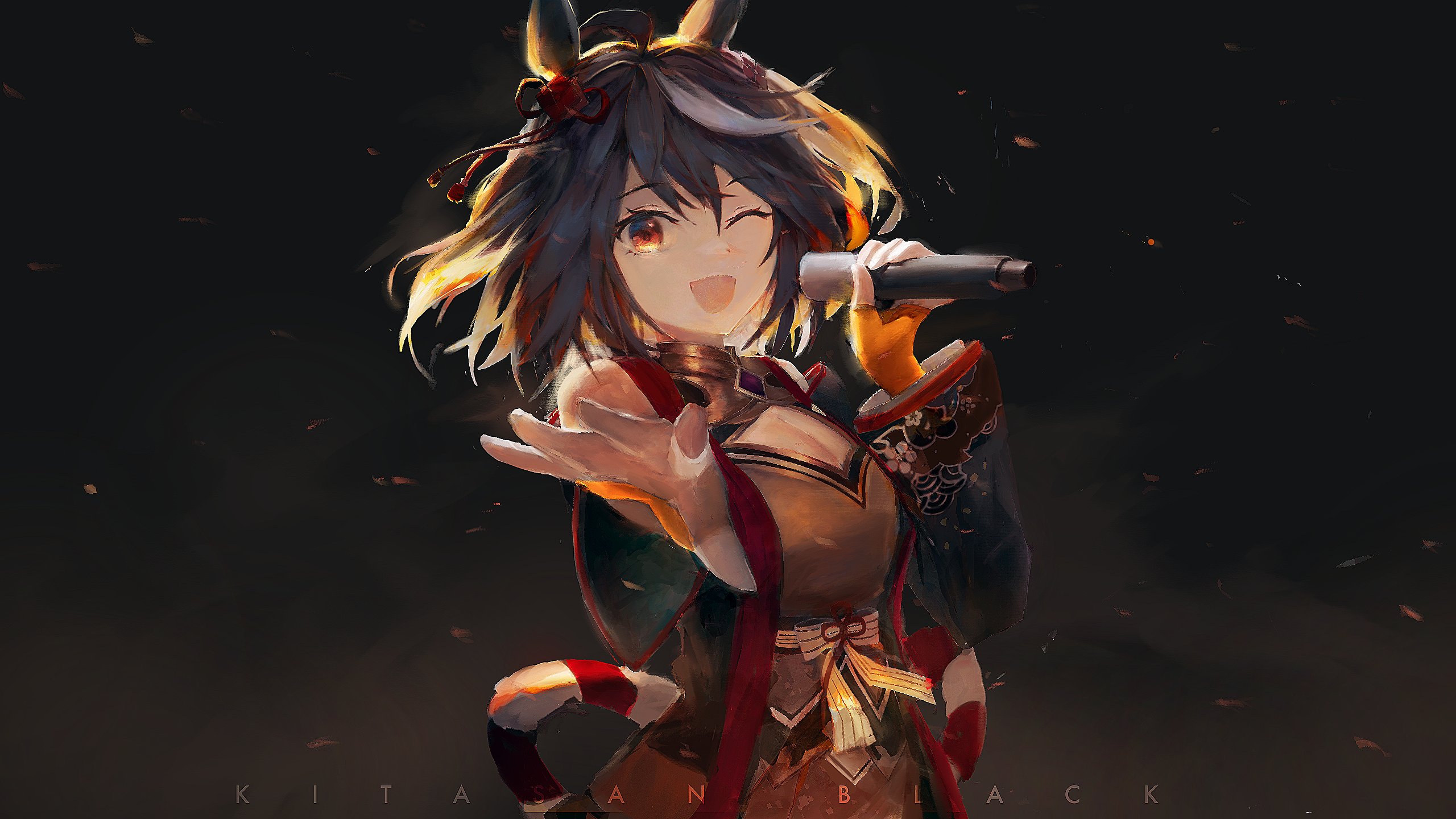 kitasan black (crowning ooban) (umamusume), kitasan black (umamusume), umamusume, commentary request, highres, 1girl, ahoge, animal ears, black gem, black hair, breasts, chanchanko (clothes), character name, cleavage, cleavage cutout, clothing cutout, detached sleeves, drawer bushi huajia, ear ornament, gem, hair between eyes, holding, holding microphone, horse ears, horse girl, kouhaku nawa, looking at viewer, medium breasts, microphone, multicolored hair, one eye closed, open mouth, reaching, reaching towards viewer, red eyes, rope, shimenawa, short hair, smile, solo, streaked hair, white hair