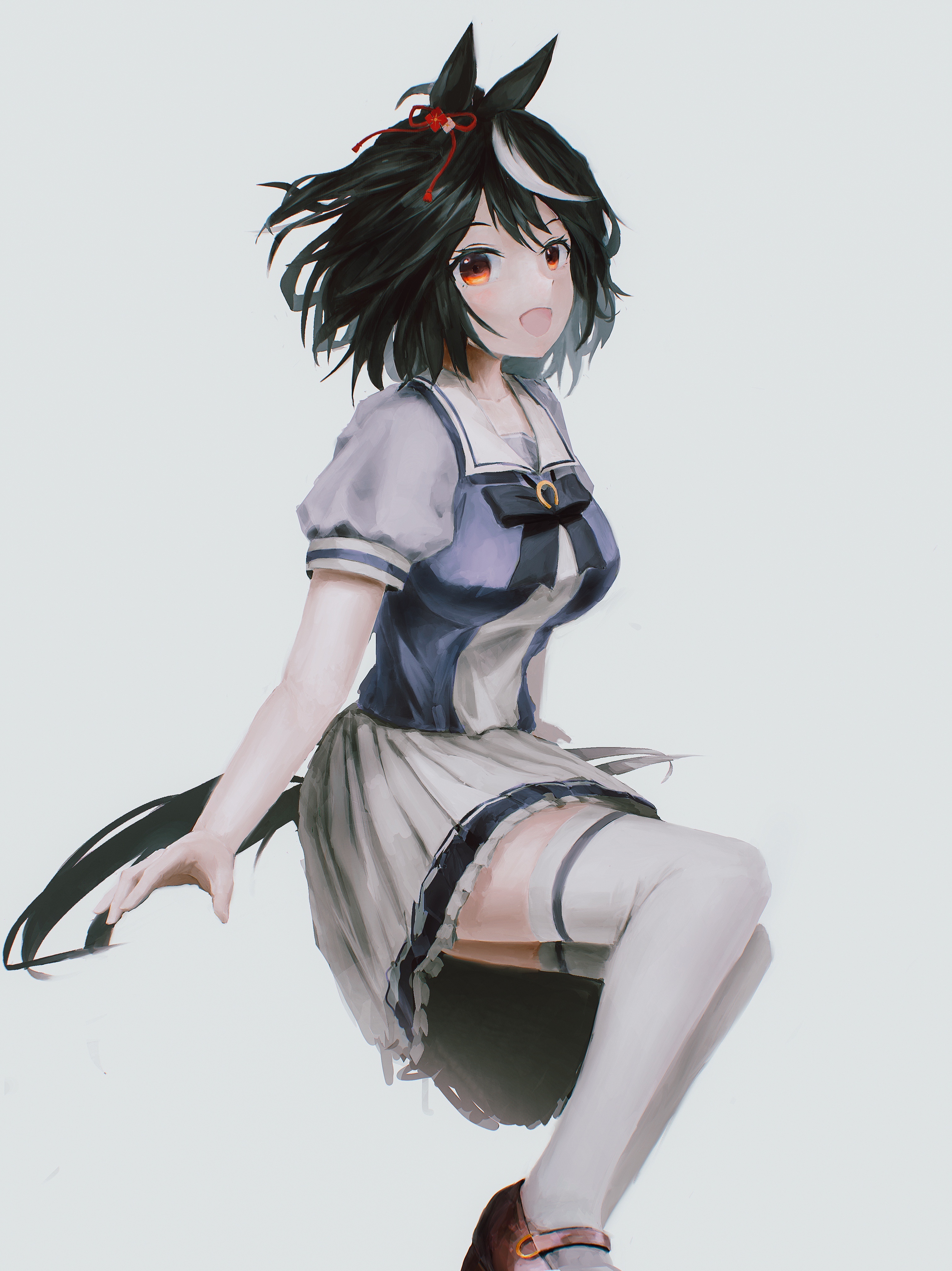 kitasan black (umamusume), umamusume, absurdres, commentary request, highres, 1girl, ahoge, animal ears, black hair, bow, bowtie, breasts, drawer bushi huajia, hair between eyes, horse ears, horse girl, horse tail, large breasts, looking at viewer, multicolored hair, open mouth, pleated skirt, puffy short sleeves, puffy sleeves, purple bow, purple bowtie, purple shirt, red eyes, sailor collar, sailor shirt, school uniform, shirt, shoes, short hair, short sleeves, skirt, smile, solo, streaked hair, tail, thighhighs, tracen school uniform, white hair, white sailor collar, white skirt, white thighhighs, zettai ryouiki