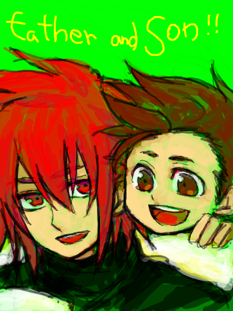 kratos aurion, lloyd irving, tales of (series), tales of symphonia, 00s, age difference, brown eyes, brown hair, father and son, male focus, oekaki, red eyes, red hair, short hair