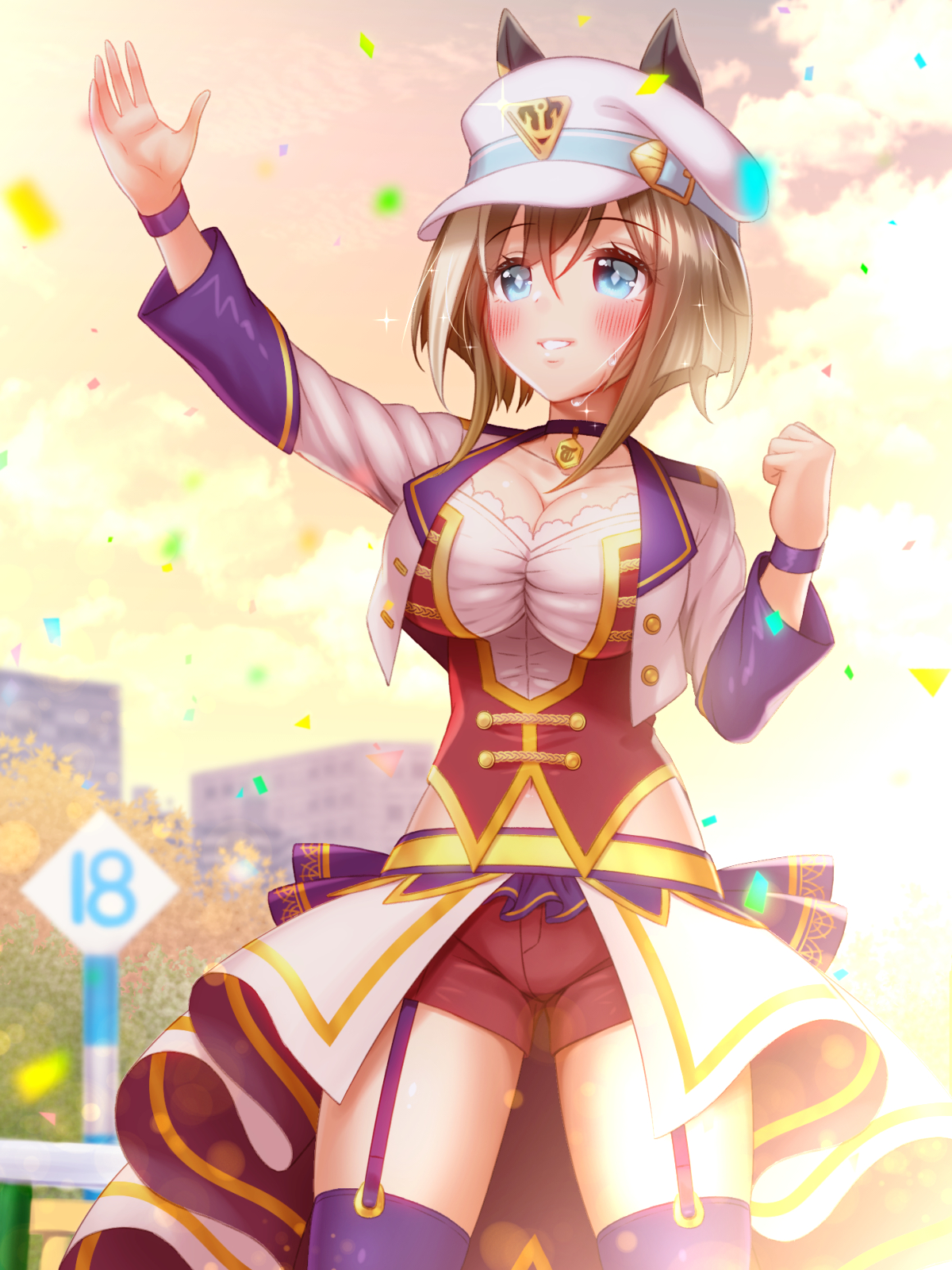 sugimotty nova, cheval grand (umamusume), umamusume, commentary request, highres, 1girl, animal ears, blue eyes, blue sky, blush, bodice, breasts, brown hair, choker, cleavage, cloud, collarbone, confetti, corset, cropped jacket, ear covers, ears through headwear, garter straps, hair between eyes, hat, horse ears, horse girl, jacket, large breasts, long hair, long sleeves, looking at viewer, midriff peek, multicolored hair, navel, no tail, overskirt, parted lips, peaked cap, pendant choker, purple choker, purple garter straps, purple thighhighs, red corset, red shorts, shirt, shorts, sky, smile, solo, starting future (umamusume), streaked hair, thighhighs, v sisters, white hair, white hat, white jacket, white shirt, wristband