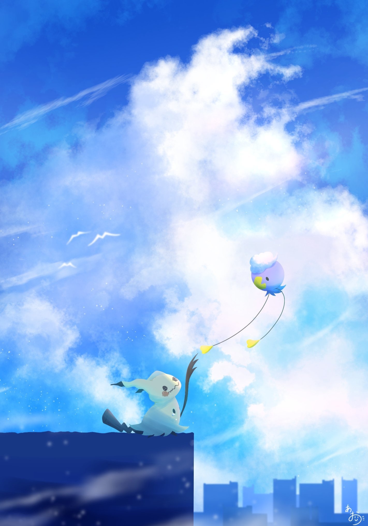 natu a0z0ra, drifloon, mimikyu, nintendo, pokemon, commentary request, highres, balloon, blue sky, cloud, gen 4 pokemon, gen 7 pokemon, looking at another, no humans, outdoors, outstretched arm, pokemon (creature), pokemon focus, sky