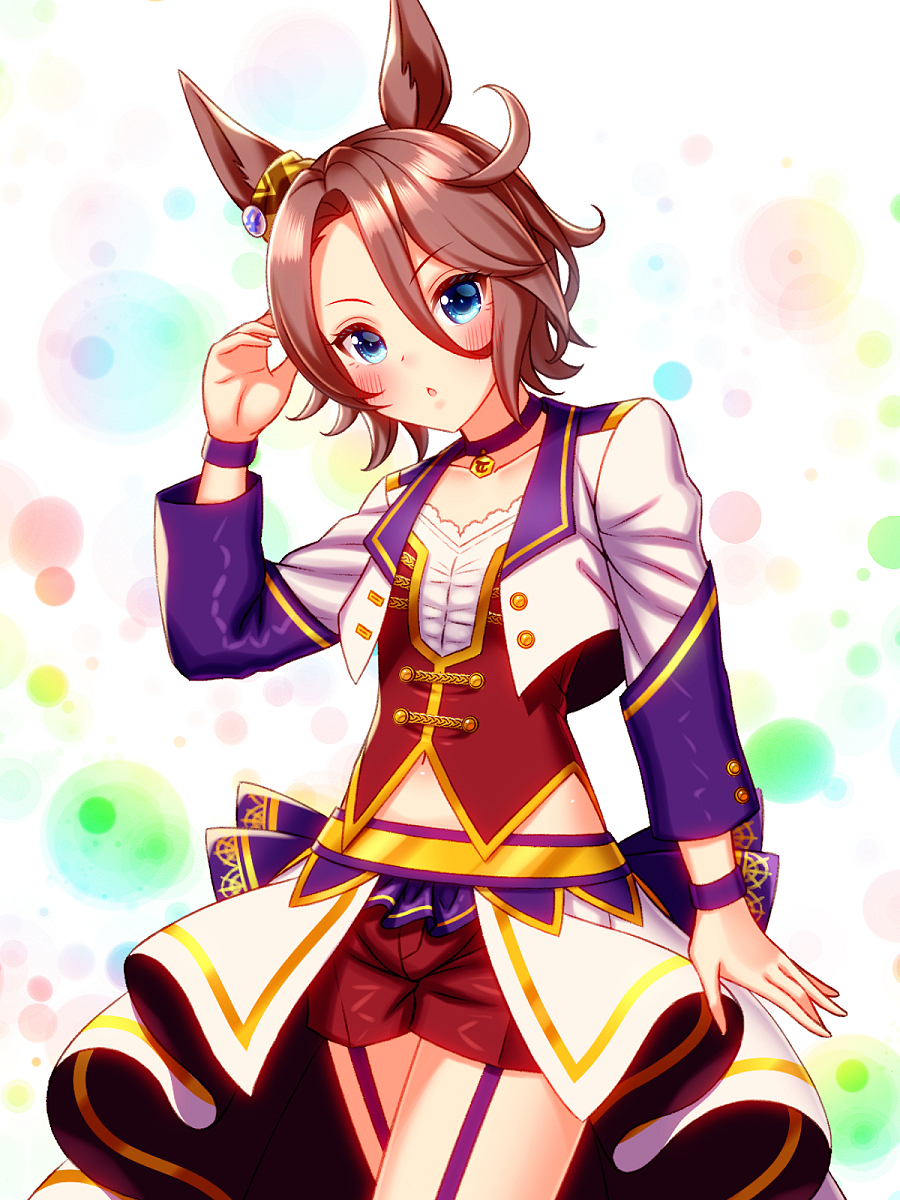 sugimotty nova, narita taishin (umamusume), umamusume, commentary request, highres, 1girl, animal ears, blue eyes, blush, bodice, breasts, brown hair, choker, collarbone, corset, cropped jacket, garter straps, hair between eyes, horse ears, horse girl, jacket, long sleeves, looking at viewer, midriff peek, navel, no tail, overskirt, parted lips, pendant choker, purple choker, purple garter straps, red corset, red shorts, shirt, short hair, shorts, small breasts, solo, starting future (umamusume), white jacket, white shirt, wristband