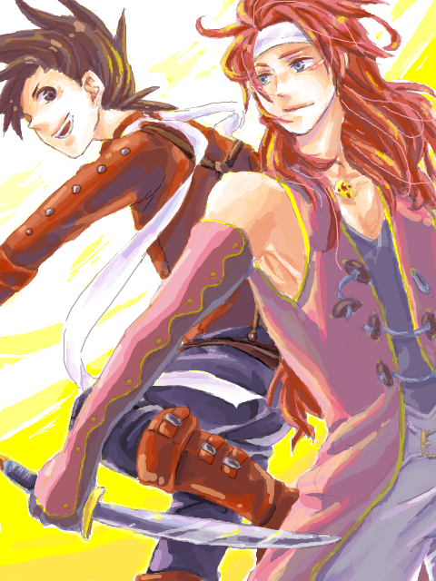 lloyd irving, zelos wilder, tales of (series), tales of symphonia, 00s, 2boys, brown eyes, brown hair, headband, long hair, male focus, multiple boys, red hair, short hair, simple background, smile, sword, weapon