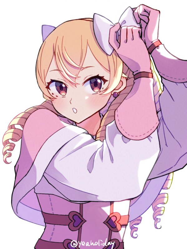 gogatsu (yeaholiday), maribelle (fire emblem), fire emblem, fire emblem awakening, nintendo, adversarial noise, commentary request, 1girl, blonde hair, blush, bow, capelet, dress, drill hair, earrings, gloves, hair bow, jewelry, long hair, looking at viewer, multiple drills, open mouth, parted lips, pink capelet, pink gloves, red eyes, simple background, solo, tying hair, upper body, white background, white bow