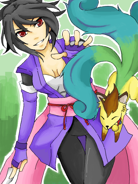 corrine, fujibayashi sheena, tales of (series), tales of symphonia, tagme, 1girl, bell, black hair, breasts, brown eyes, collar, female focus, pet, solo, standing