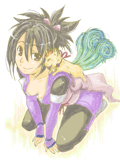 corrine, fujibayashi sheena, tales of (series), tales of symphonia, 00s, 1girl, bell, black hair, brown eyes, female focus, pet, smile, solo, white background