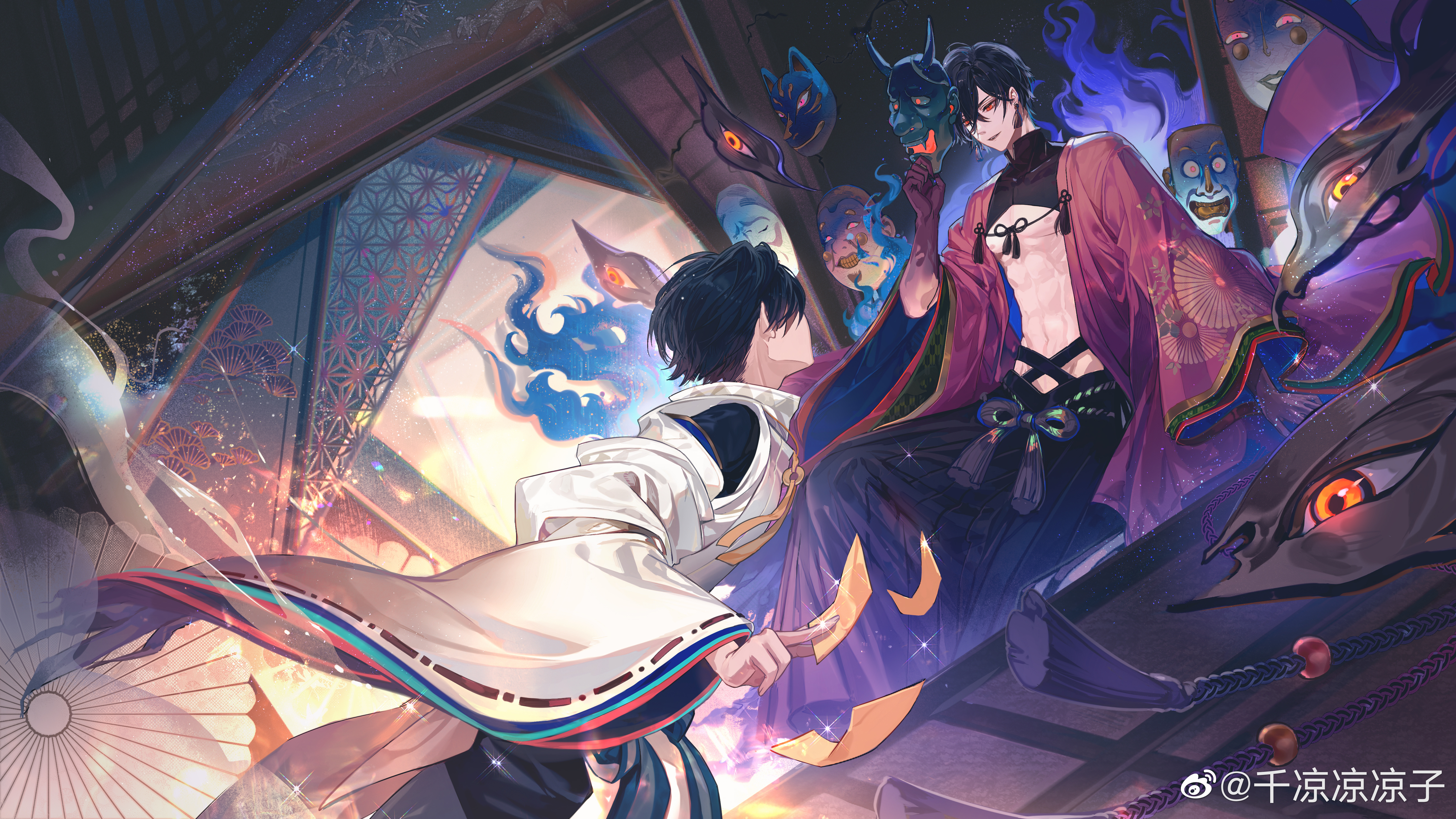 senryoko, ayn alwyn, lovebrush chronicles, absurdres, chinese commentary, commentary request, highres, official art, 2boys, abs, asa no ha (pattern), ayn alwyn (oneiric heian-kyo), bamboo print, bare pectorals, between fingers, black hair, black hakama, blue fire, brown hands, colored extremities, cowboy shot, crossed bangs, disembodied eye, dual persona, earrings, facing away, feet out of frame, fire, floating mask, floral print, floral print kimono, flower knot, hair between eyes, hakama, hitodama, holding, holding mask, japanese clothes, jewelry, kariginu, kikumon, kimono, layered kimono, long sleeves, looking at another, male focus, mask, matsu symbol, multiple boys, nipples, official alternate costume, oni mask, open clothes, open kimono, parted lips, pectorals, pine tree print, print kimono, red eyes, red kimono, robe, rope belt, short hair, shrug (clothing), sitting, sleeveless, sleeveless turtleneck, smirk, smoke, sparkle, spirit, standing, sweater guard, talisman, tassel, tassel earrings, teeth, toned, toned male, turtleneck, unworn mask, upper teeth only, v-shaped eyebrows, watermark, weibo watermark, wide sleeves