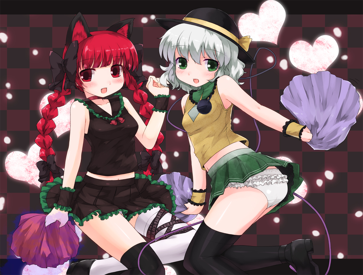 ktsecond, kaenbyou rin, komeiji koishi, touhou, silver hair, bad id, bad pixiv id, 2girls, alternate costume, animal ears, bare shoulders, black thighhighs, blunt bangs, braid, cat ears, cat girl, cheerleader, female focus, frilled panties, frills, green eyes, hair ribbon, hat, leg ribbon, midriff, miniskirt, multiple girls, panties, pom pom (cheerleading), red eyes, red hair, ribbon, short hair, skirt, thigh ribbon, thighhighs, twin braids, twintails, underwear