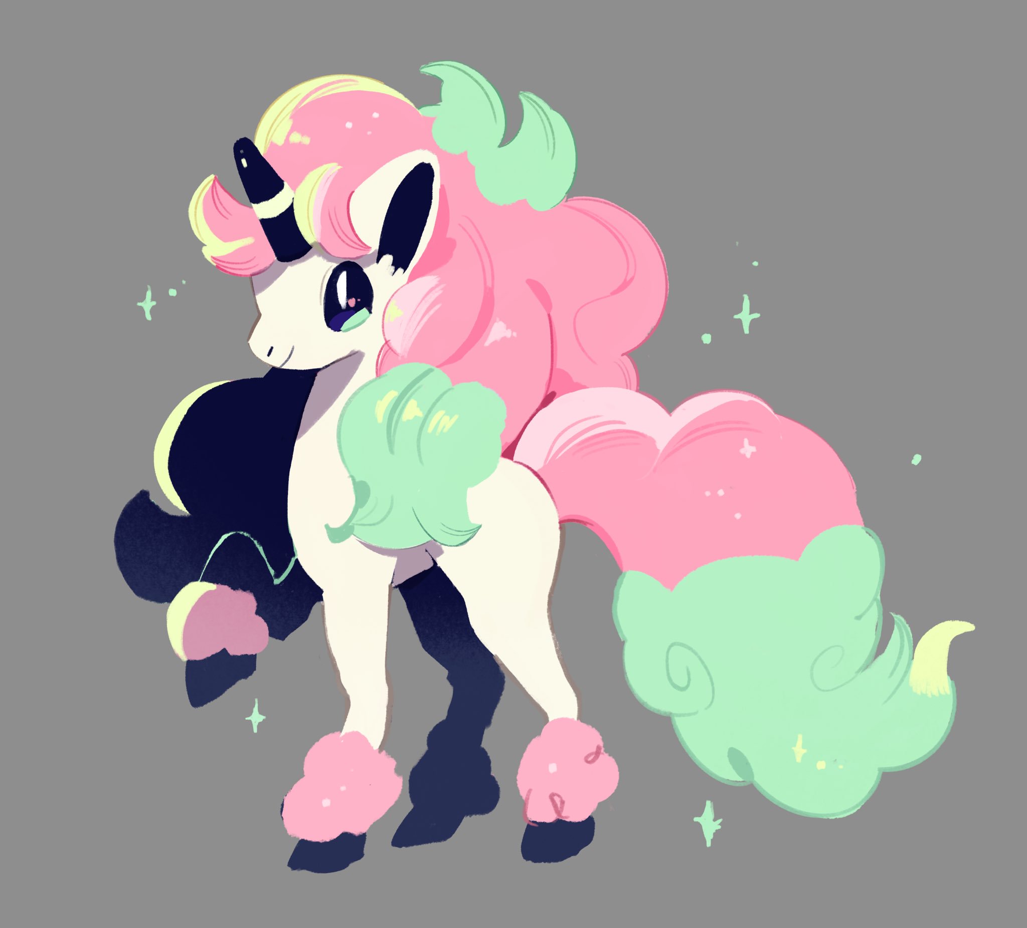 orca (kuroorcas), galarian ponyta, nintendo, pokemon, commentary request, highres, animal focus, closed mouth, full body, galarian form, gen 8 pokemon, green eyes, green hair, horns, multicolored hair, no humans, pink hair, pokemon (creature), pokemon focus, simple background, single horn, smile, solo, star (symbol), two-tone hair, unicorn