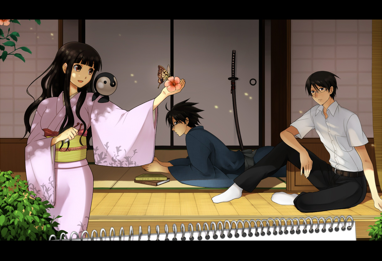 milcho, itoshiki mikoto, itoshiki nozomu, itoshiki rin, sayonara zetsubou sensei, 00s, 1girl, 2boys, bird, black hair, blouse, blunt bangs, book, brother and sister, brothers, brown eyes, bug, butterfly, collared shirt, family bonding, floral print, flower, glasses, insect, japanese clothes, katana, kimono, letterboxed, long hair, lying, multiple boys, notebook, obi, penguin, pov, sash, shade, sheath, sheathed, shirt, shirt tucked in, short hair, siblings, sitting, smile, socks, summer, sword, veranda, wavy hair, weapon, white shirt