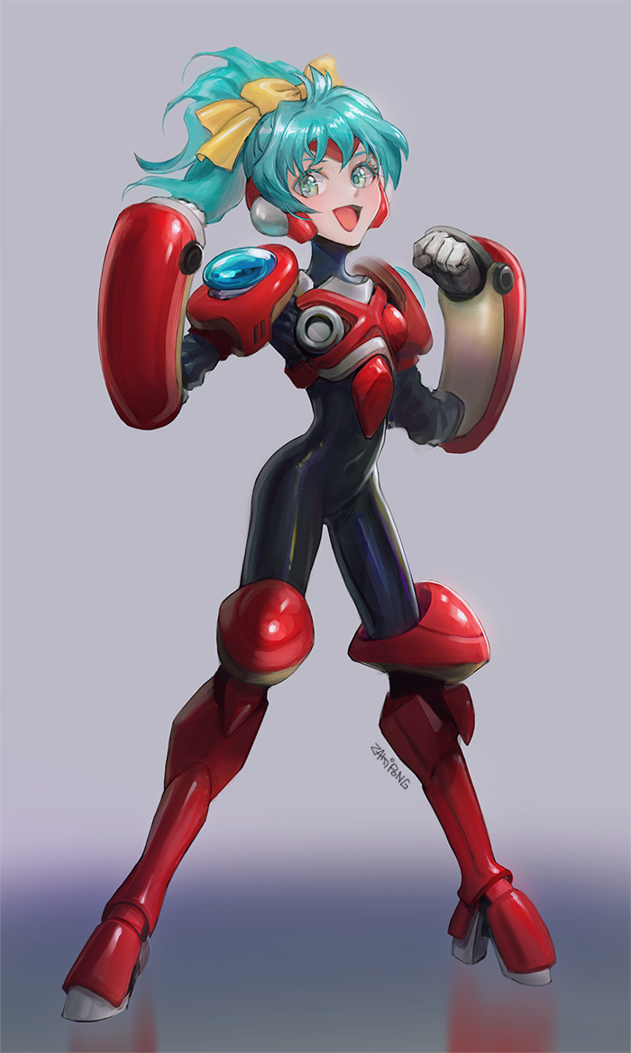 zakipong (zb), miku (metal fighter miku), metal fighter miku, commentary request, 1girl, :d, aqua hair, armor, artist name, bad anatomy, black bodysuit, bodysuit, bow, clenched hands, full body, grey background, hair bow, helmet, open mouth, smile, standing, yellow bow