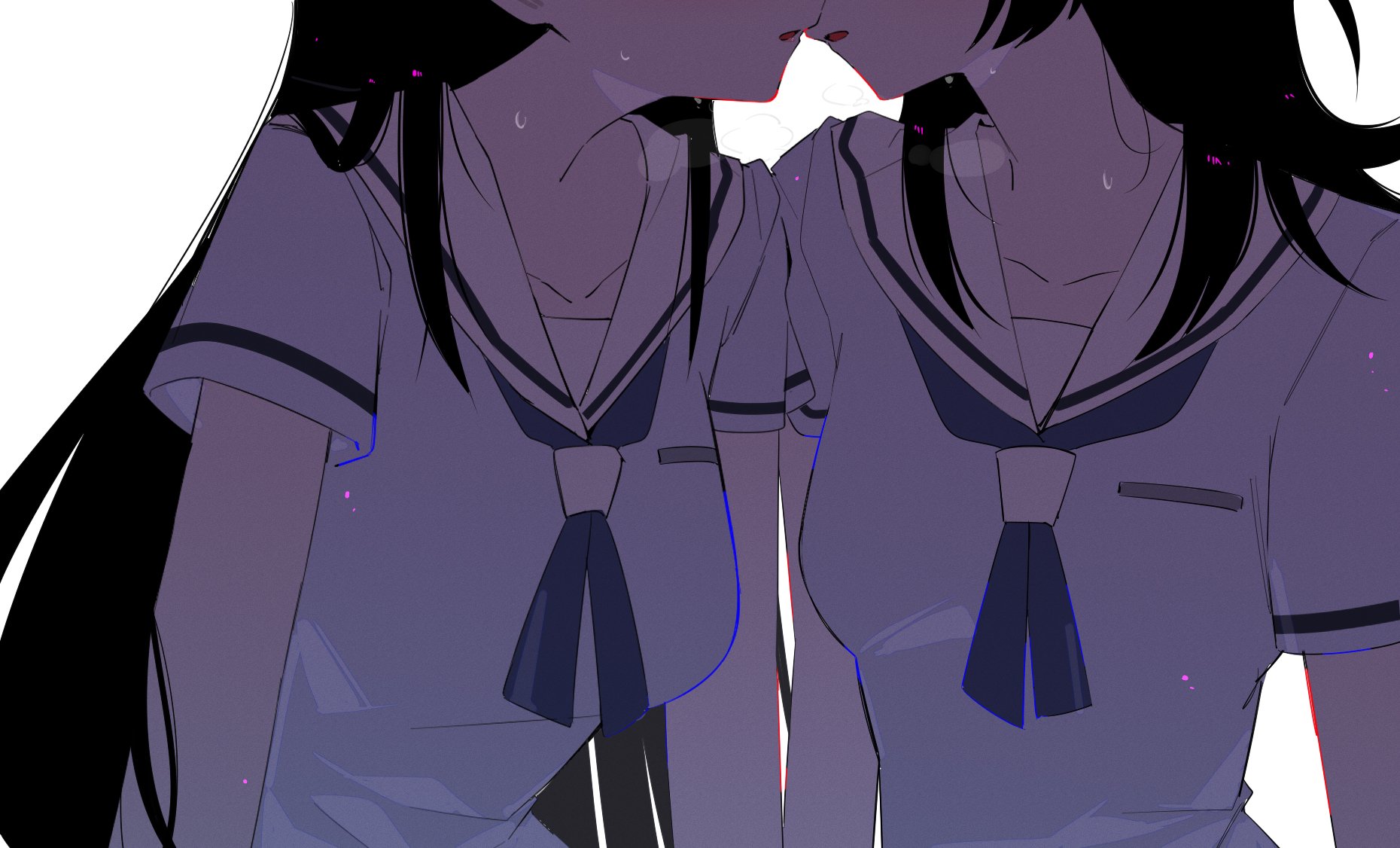 zikiki1092, shiina taki, yahata umiri, bang dream!, bang dream! it's mygo!!!!!, commentary, highres, 2girls, black hair, blue neckerchief, blue shirt, breasts, hanasakigawa school uniform, head out of frame, imminent kiss, long hair, medium breasts, multiple girls, neckerchief, open mouth, sailor collar, school uniform, shirt, short sleeves, simple background, sweat, white background, white sailor collar