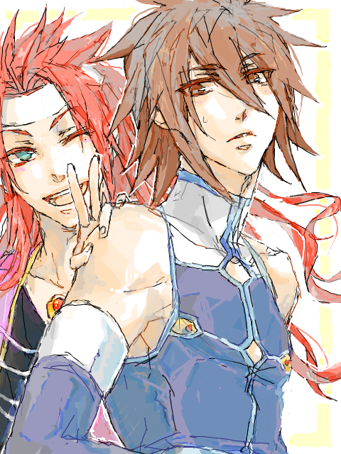 kratos aurion, zelos wilder, tales of (series), tales of symphonia, 00s, 2boys, brown eyes, brown hair, green eyes, headband, long hair, male focus, multiple boys, oekaki, red hair, short hair, v