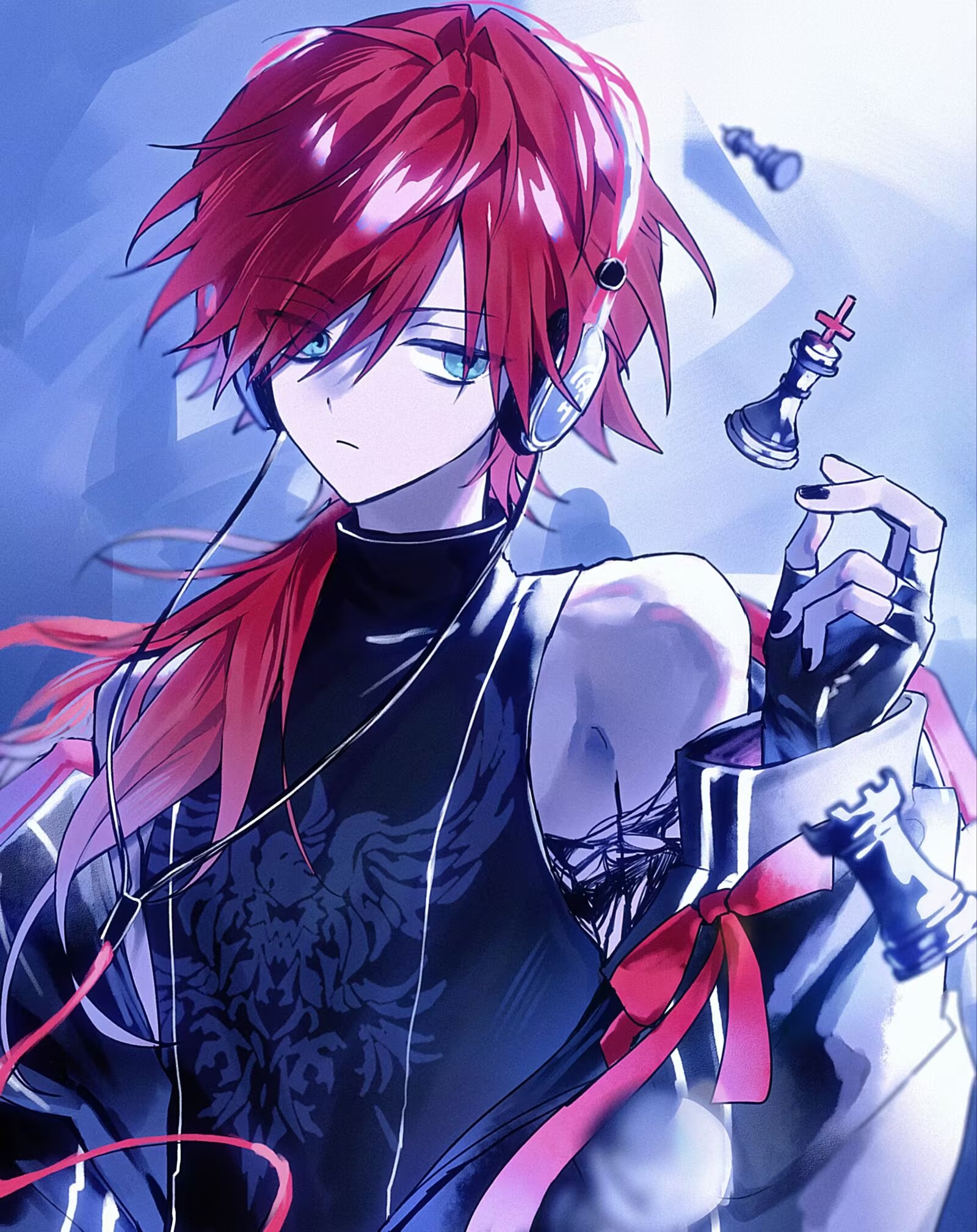 lauren iroas, nijisanji, commentary, highres, symbol-only commentary, 1boy, alternate costume, black gloves, black jacket, black nails, black shirt, chess piece, closed mouth, fingerless gloves, gloves, green eyes, hair between eyes, headphones, jacket, long hair, looking to the side, male focus, open clothes, open jacket, ponytail, print shirt, red hair, shirt, side ponytail, sleeveless, sleeveless shirt, solo, toya07144, upper body, virtual youtuber