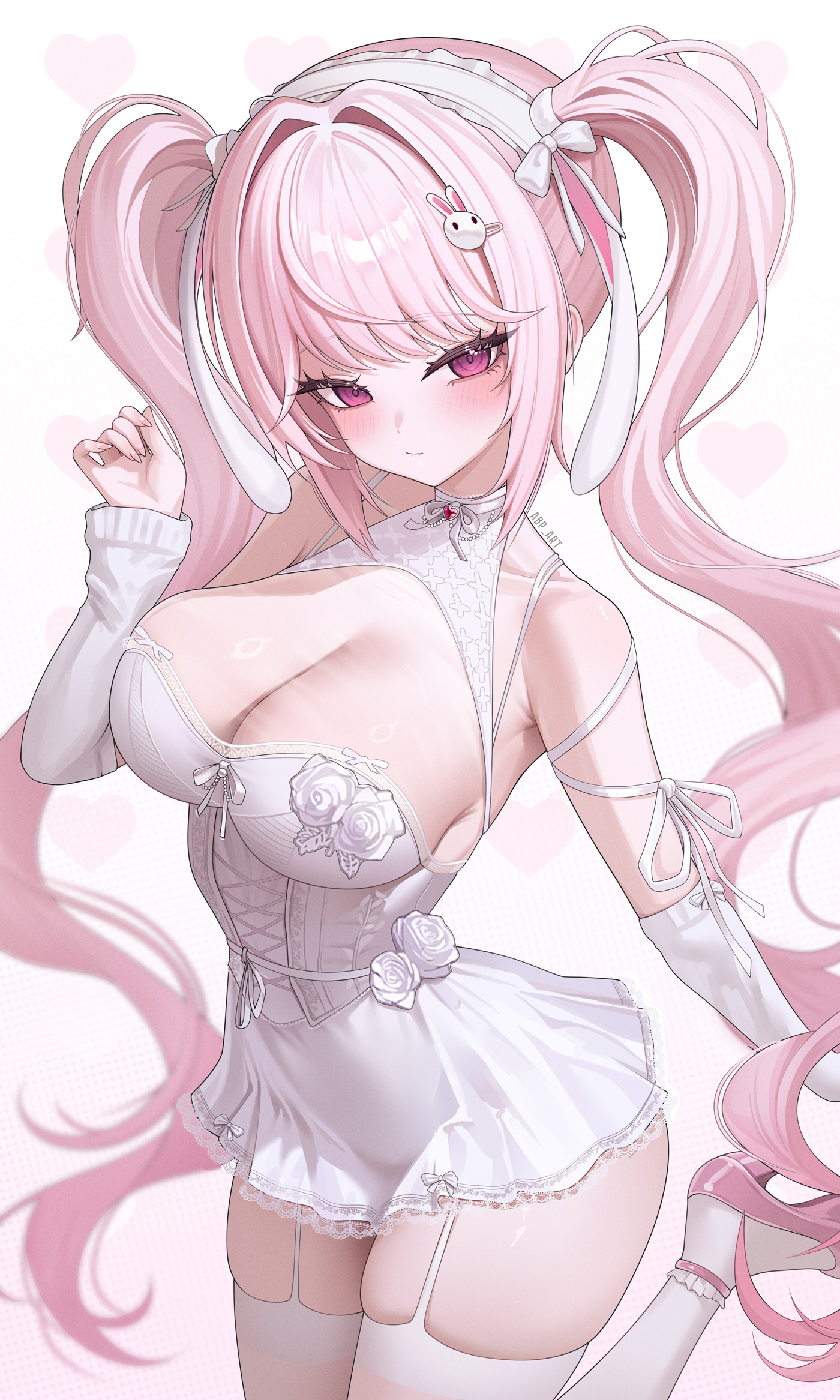 abpart, alice (nikke), goddess of victory: nikke, highres, mixed-language commentary, 1girl, alice (marchen dream) (nikke), arm warmers, bare shoulders, blush, breasts, closed mouth, collarbone, dress, dress flower, flower, garter straps, hair intakes, hairband, hand up, high heels, large breasts, long hair, looking at viewer, official alternate costume, pink eyes, pink hair, pink shoes, rose, see-through cleavage, see-through clothes, shoes, simple background, skindentation, sleeveless, sleeveless dress, solo, thighhighs, thighs, twintails, very long hair, white arm warmers, white background, white dress, white flower, white hairband, white rose, white thighhighs