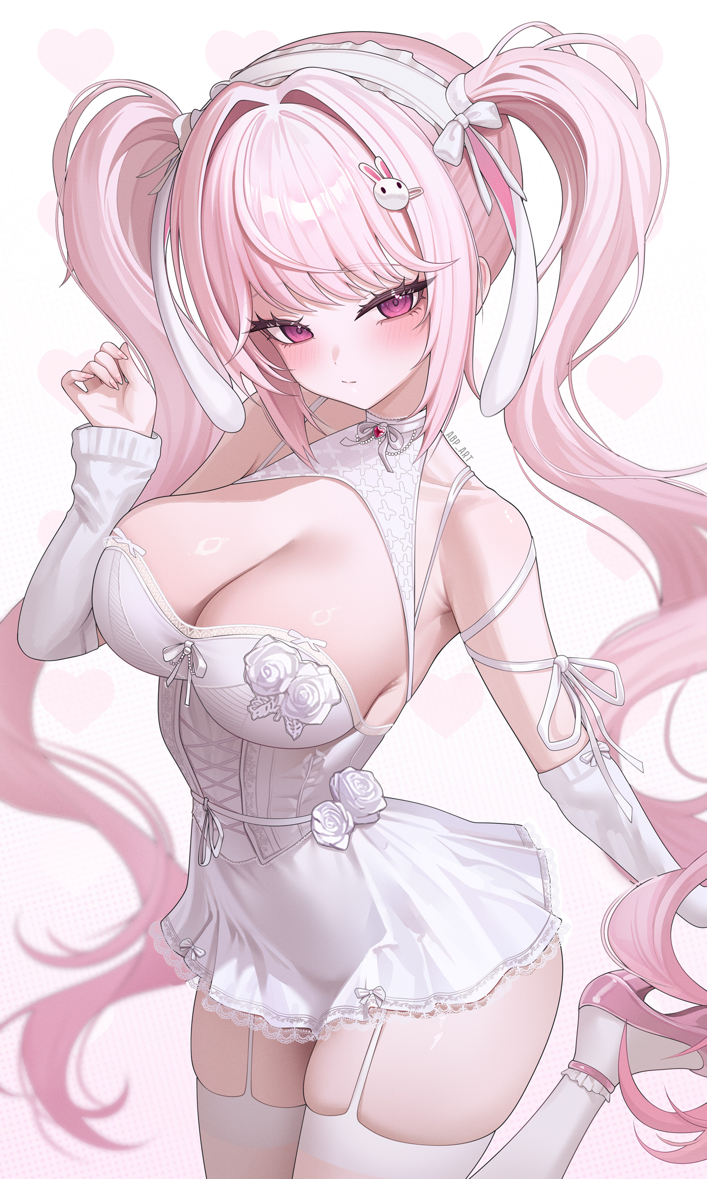 abpart, alice (nikke), goddess of victory: nikke, highres, mixed-language commentary, 1girl, alice (marchen dream) (nikke), arm warmers, bare shoulders, blush, breasts, cleavage, closed mouth, collarbone, dress, dress flower, flower, garter straps, hair intakes, hairband, hand up, high heels, large breasts, long hair, looking at viewer, official alternate costume, pink eyes, pink hair, pink shoes, rose, shoes, simple background, skindentation, sleeveless, sleeveless dress, solo, thighhighs, thighs, twintails, very long hair, white arm warmers, white background, white dress, white flower, white hairband, white rose, white thighhighs