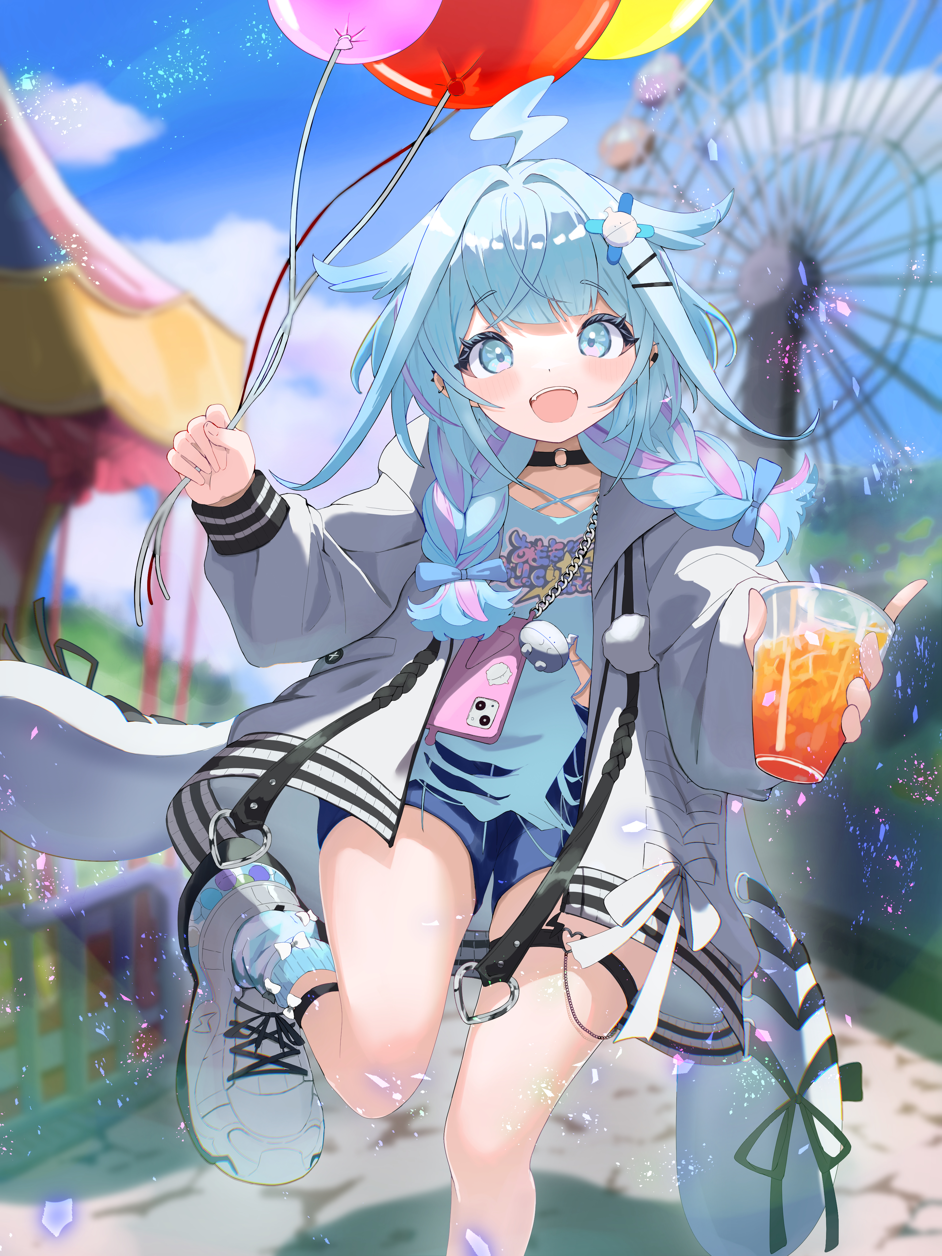 123haruno oto, mizumiya su, mizumiya su (1st costume), hololive, hololive dev is, absurdres, commentary request, highres, 1girl, ahoge, amusement park, ankle strap, balloon, black choker, blue eyes, blue hair, blue shirt, blue shorts, blue socks, blunt bangs, blush, braid, braided twintails, carousel, choker, clothes writing, confetti, cup, ferris wheel, hair flaps, hair ornament, hairclip, heart, heart o-ring, holding, holding balloon, holding cup, hood, hood down, hooded jacket, incoming drink, jacket, large shoes, lightning ahoge, long hair, looking at viewer, loose socks, low twin braids, low twintails, o-ring, o-ring choker, o-ring thigh strap, open mouth, pink streaks, raised eyebrows, reaching, reaching towards viewer, running towards viewer, shirt, shoes, short shorts, shorts, smile, sneakers, socks, solo, standing, standing on one leg, striped clothes, striped socks, t-shirt, teeth, thigh strap, torn clothes, torn shirt, twin braids, twintails, upper teeth only, virtual youtuber, white jacket, white shoes