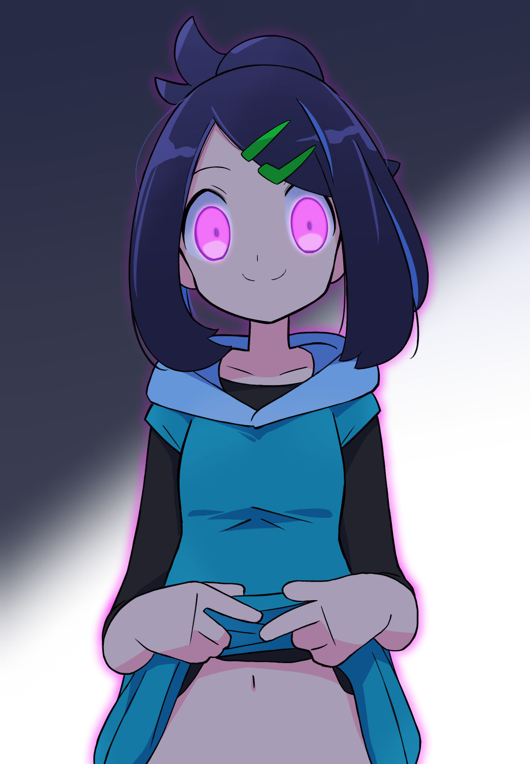 rascal (feuille), liko (pokemon), nintendo, pokemon, pokemon (anime), pokemon horizons, highres, 1girl, :>, alternate eye color, aura, black hair, blue hair, blush, breasts, corruption, cowlick, eyelashes, hair bun, hair ornament, hairclip, happy, hood, hoodie, lifting own clothes, long hair, looking at viewer, mind control, mochi mochi dance, multicolored hair, navel, purple eyes, simple background, small breasts, smile, white background