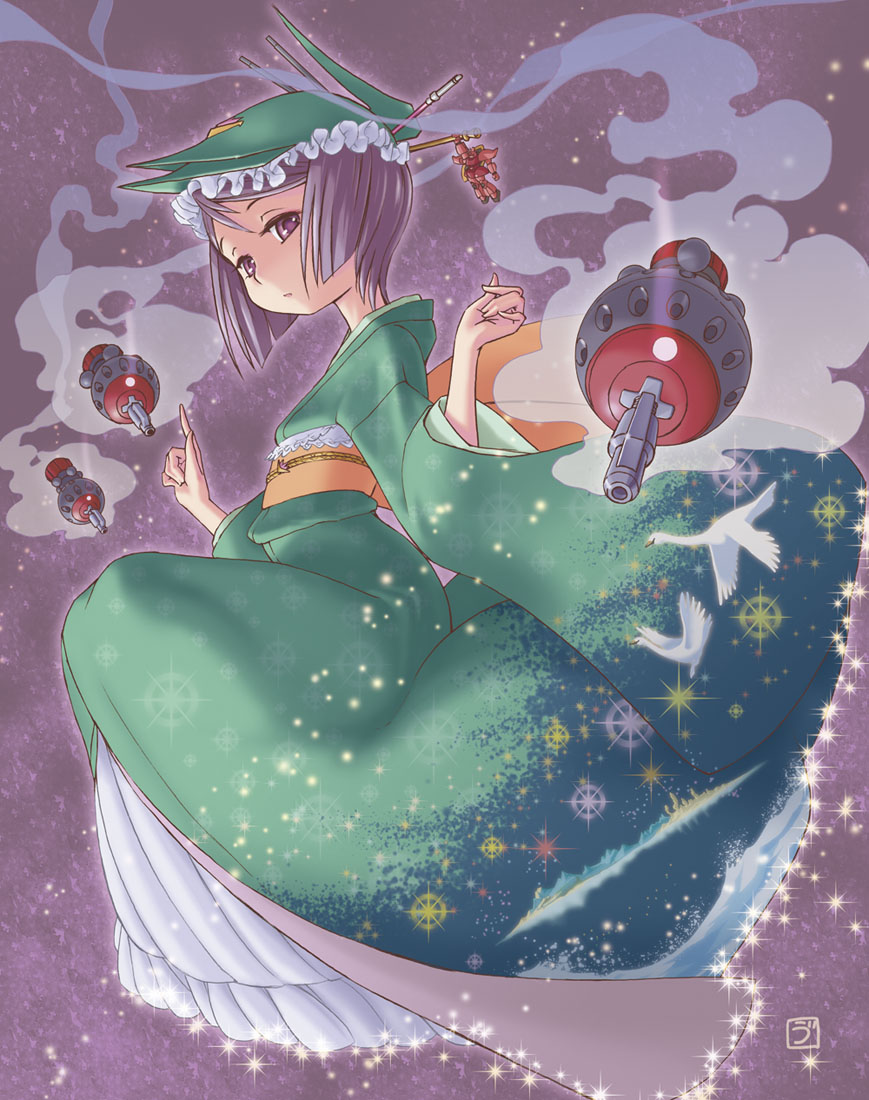 uni tenten, elmeth, gelgoog, gelgoog s char custom, gundam, mobile suit gundam, 1girl, bird, character doll, doll, frills, gathers, hair ornament, japanese clothes, kanzashi, light particles, mecha musume, purple eyes, purple hair, signature, smoke, sparkle, swan