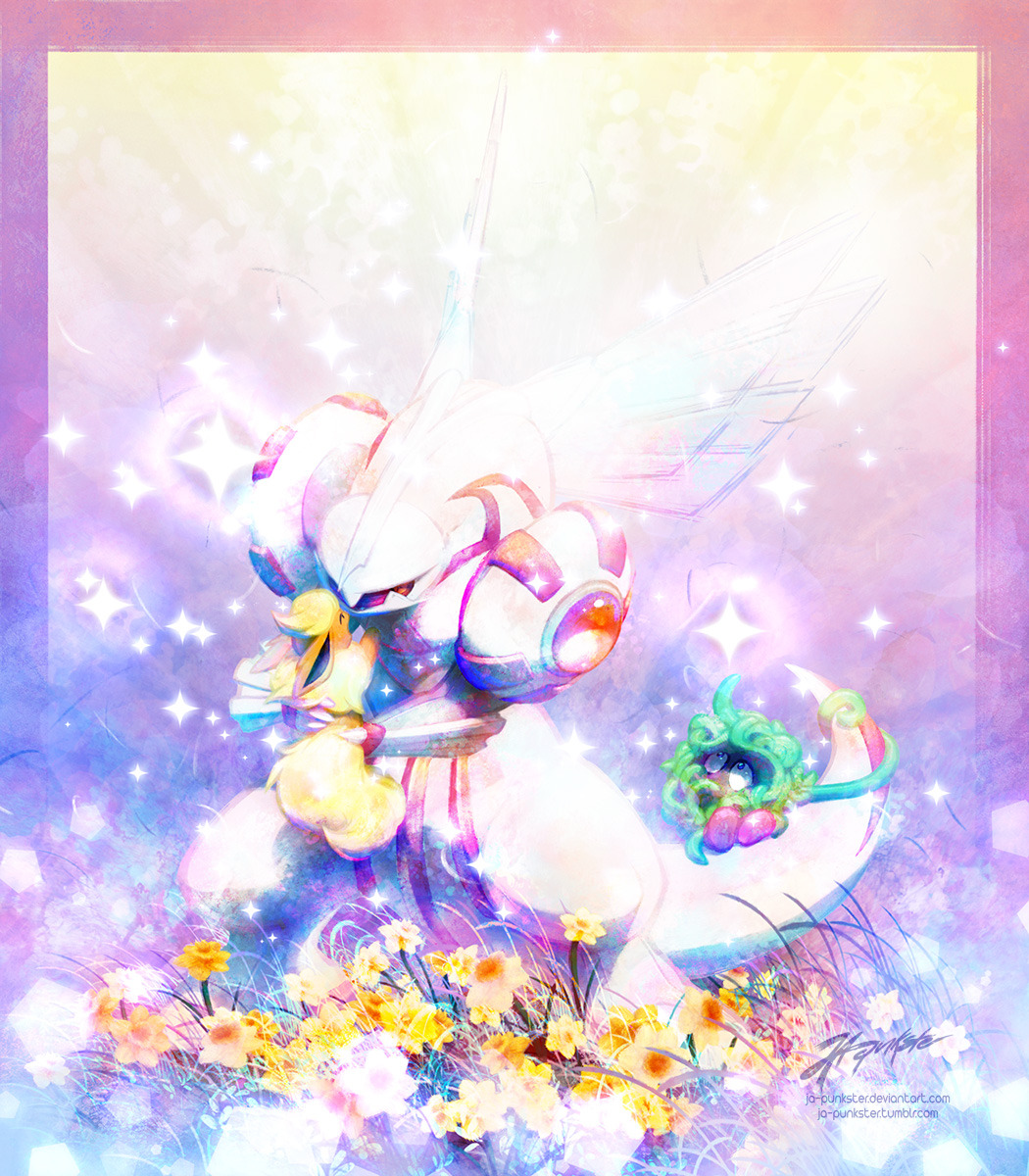 joannazelle, flareon, palkia, tangela, nintendo, pokemon, commentary, english commentary, highres, alternate color, closed eyes, deviantart username, flower, gen 1 pokemon, gen 4 pokemon, grass, holding, holding pokemon, legendary pokemon, no humans, pokemon (creature), pokemon focus, shiny pokemon, signature, sparkle, tumblr username, watermark, web address