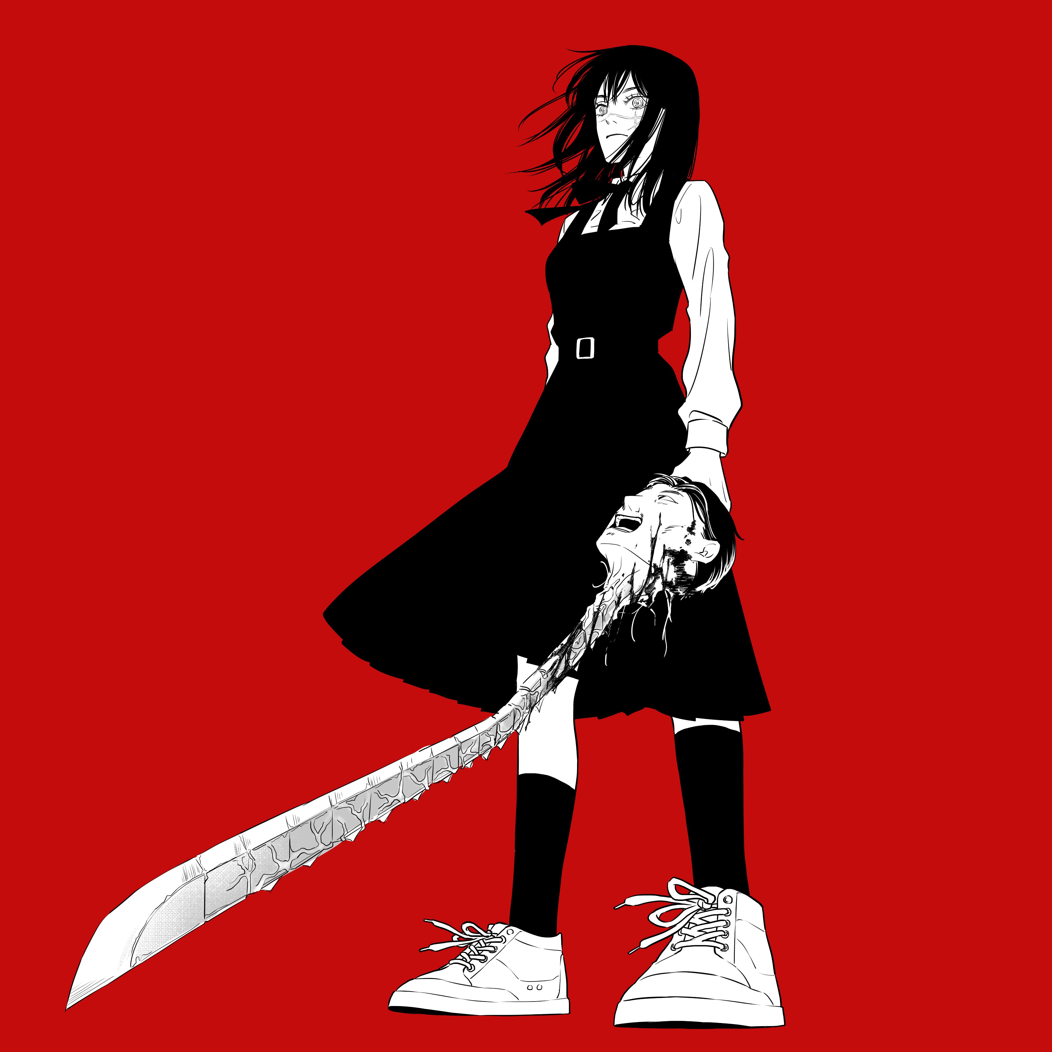 tanaka (chainsaw man), yoru (chainsaw man), chainsaw man, absurdres, commentary, hashtag-only commentary, highres, 1girl, breasts, cross scar, dakuonpu, dress, facial scar, fourth east high school uniform, from below, frown, greyscale with colored background, holding, holding sword, holding weapon, medium breasts, medium dress, pinafore dress, red background, scar, scar on cheek, scar on face, scar on nose, school uniform, severed head, shoes, sleeveless, sleeveless dress, sneakers, socks, solo, sword, weapon