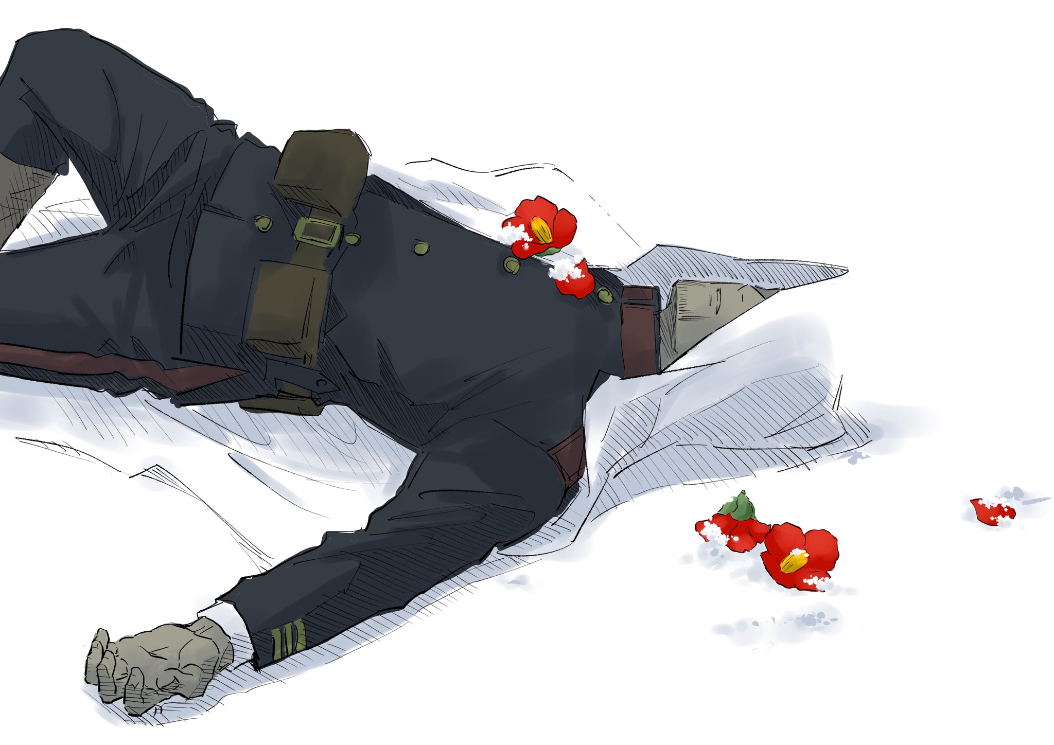 ogata hyakunosuke, golden kamuy, highres, 1boy, belt pouch, blue jacket, blue pants, cloak, covered eyes, dakuonpu, facial hair, flower, from side, goatee, hatching (texture), jacket, lying, male focus, military uniform, on back, pants, pouch, snow, solo, white cloak