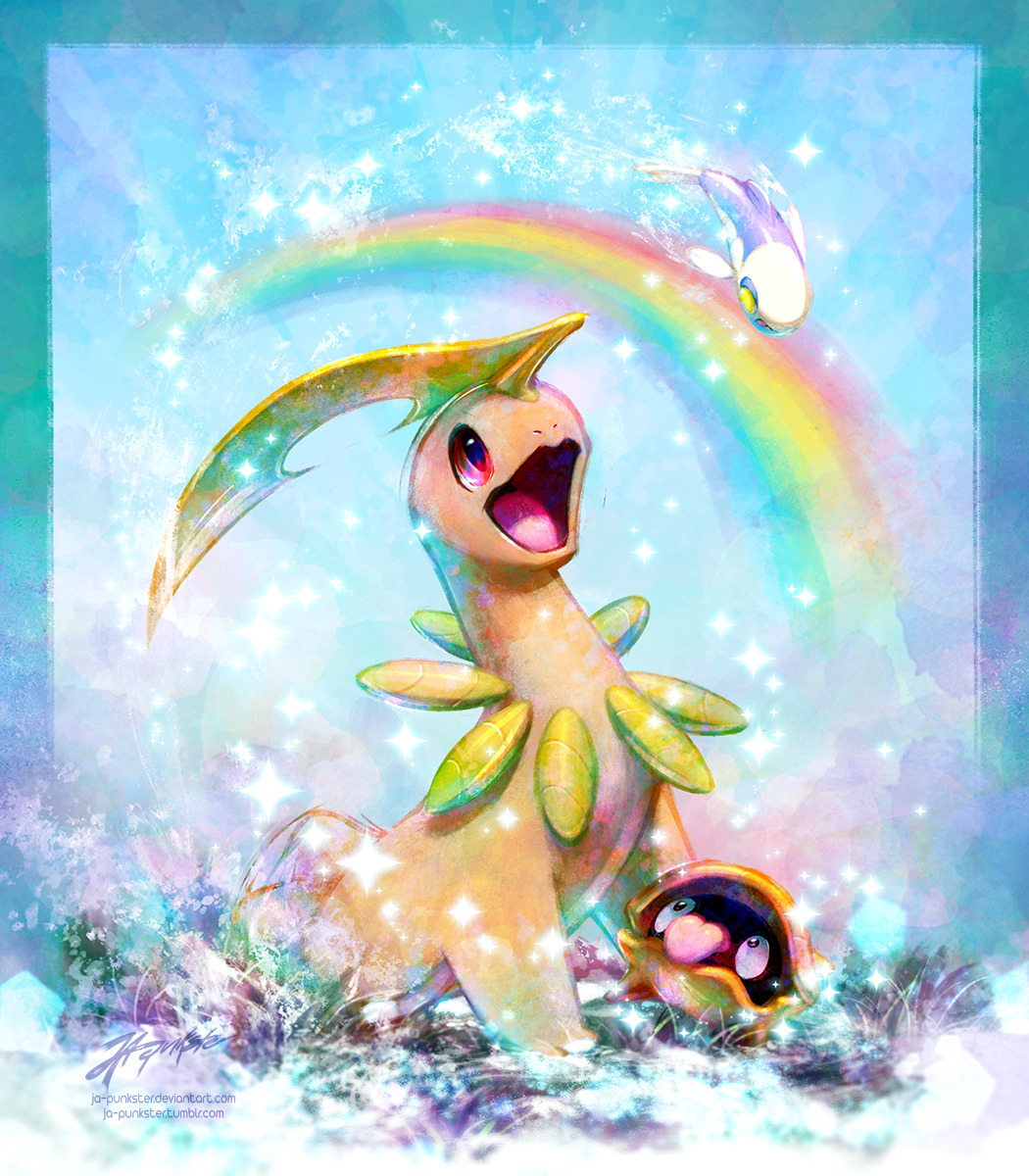 joannazelle, bayleef, shellder, wishiwashi, wishiwashi (solo), nintendo, pokemon, commentary, english commentary, highres, alternate color, animal focus, deviantart username, fish, gen 1 pokemon, gen 2 pokemon, gen 7 pokemon, grass, no humans, nostrils, open mouth, pokemon (creature), pokemon focus, red eyes, shiny pokemon, signature, sparkle, tongue, tongue out, tumblr username, water, watermark, web address