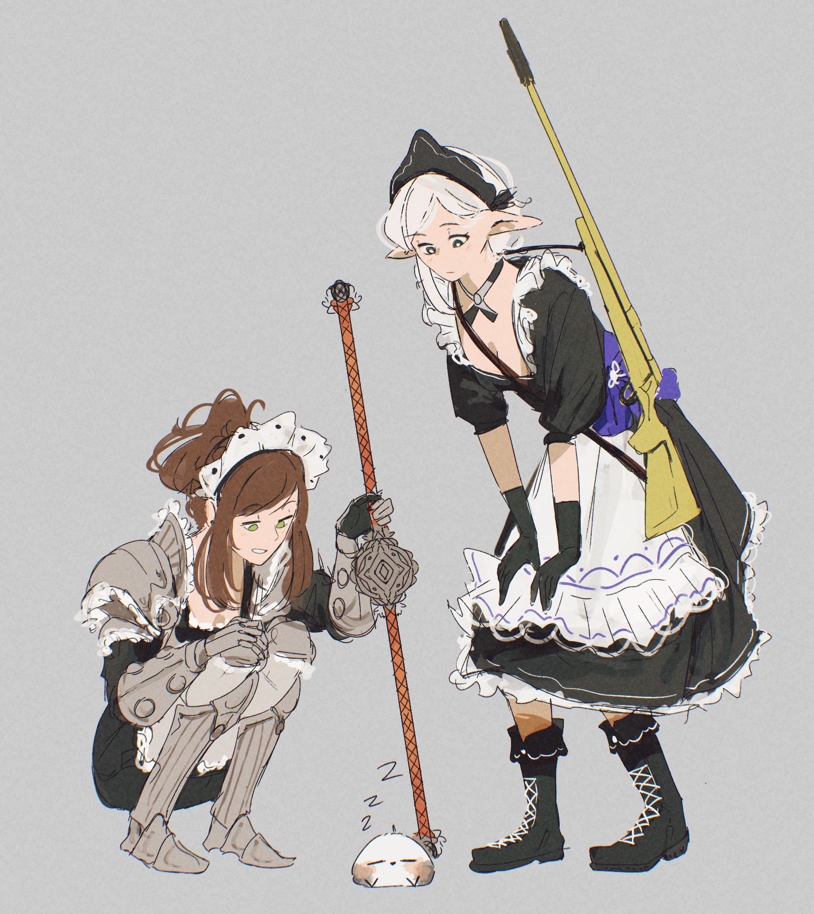 spindle (aidenr0), asimov (spindle (aidenr0)), ottilie (spindle (aidenr0)), original, commentary, english commentary, highres, 2girls, :/, alternate costume, apron, arm armor, armor, armor request, armor under clothes, bird, black boots, black dress, black eyes, black gloves, black headdress, black ribbon, bolt action, boots, brown hair, closed mouth, dress, elf, enmaided, frilled dress, frills, gloves, green eyes, grey background, grey ribbon, gun, holding, holding staff, leg armor, long hair, looking down, maid, maid apron, maid headdress, multiple girls, neck ribbon, open mouth, parted bangs, pointy ears, ponytail, remington model 700, ribbon, rifle, short hair, short sleeves, shoulder strap, simple background, sleeping, sniper rifle, squatting, staff, swept bangs, teeth, two-tone ribbon, weapon, weapon on back, white apron, white bird, white hair, white headdress, zzz