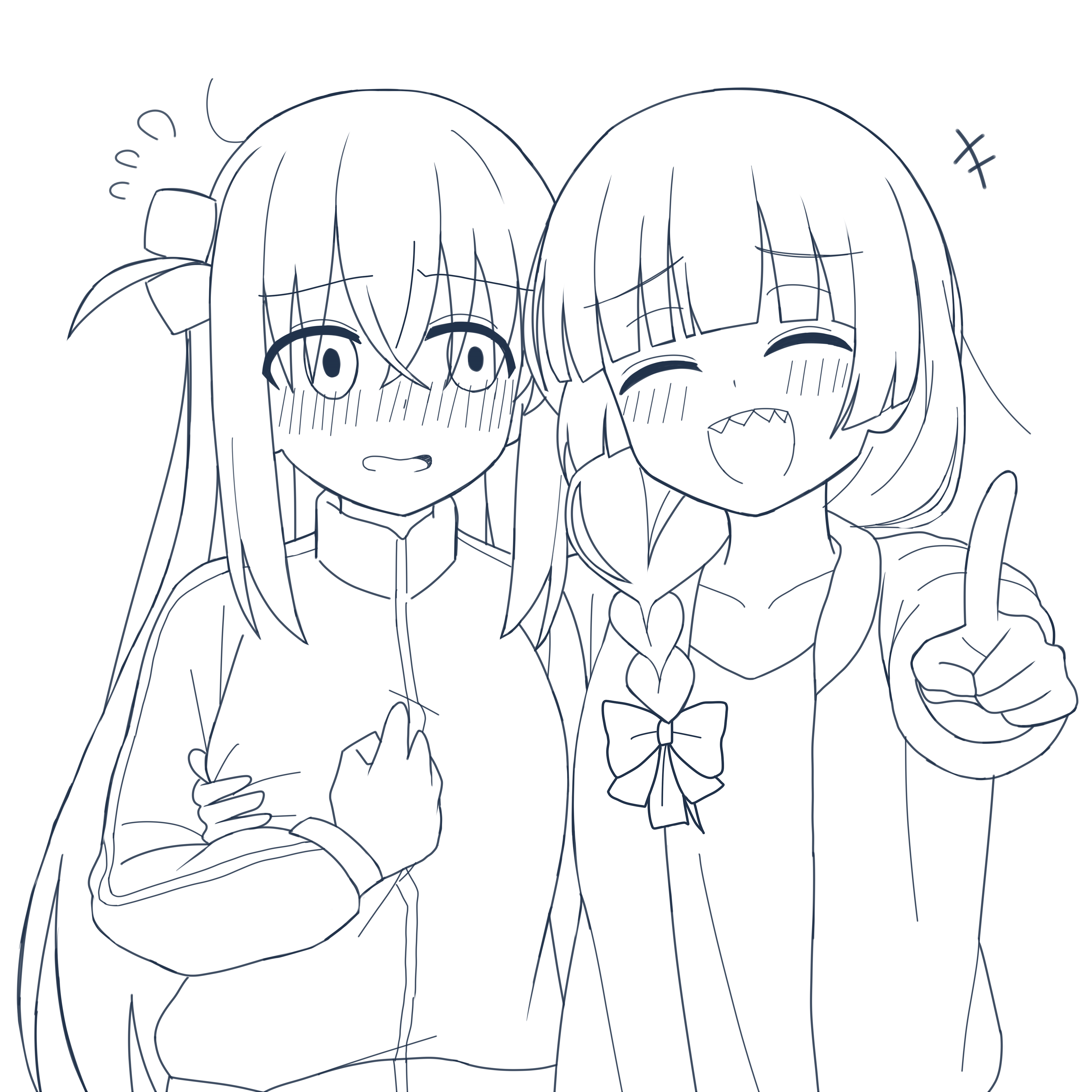 vector (dmlddmld00), gotoh hitori, hiroi kikuri, bocchi the rock!, absurdres, commentary request, highres, korean commentary, +++, 2girls, ^ ^, arm behind another's back, blush, bow, braid, closed eyes, collarbone, crossed bangs, cube hair ornament, embarrassed, flying, foreshortening, greyscale, hair between eyes, hair bow, hair ornament, hand on own chest, jacket, long hair, long sleeves, loose hair strand, monochrome, multiple girls, nose blush, open clothes, open jacket, open mouth, pointing, sharp teeth, shirt, side ahoge, side braid, sidelocks, simple background, smile, t-shirt, teeth, track jacket, upper body, upper teeth only, white background