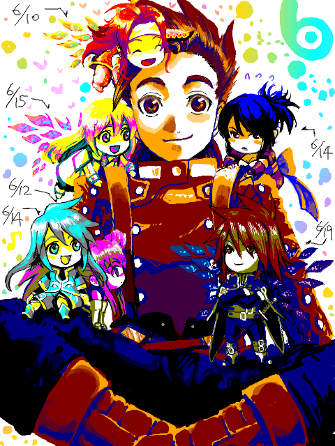 colette brunel, fujibayashi sheena, genius sage, kratos aurion, lloyd irving, presea combatir, zelos wilder, tales of (series), tales of symphonia, 00s, blush, chibi, oekaki, open mouth, smile, wings