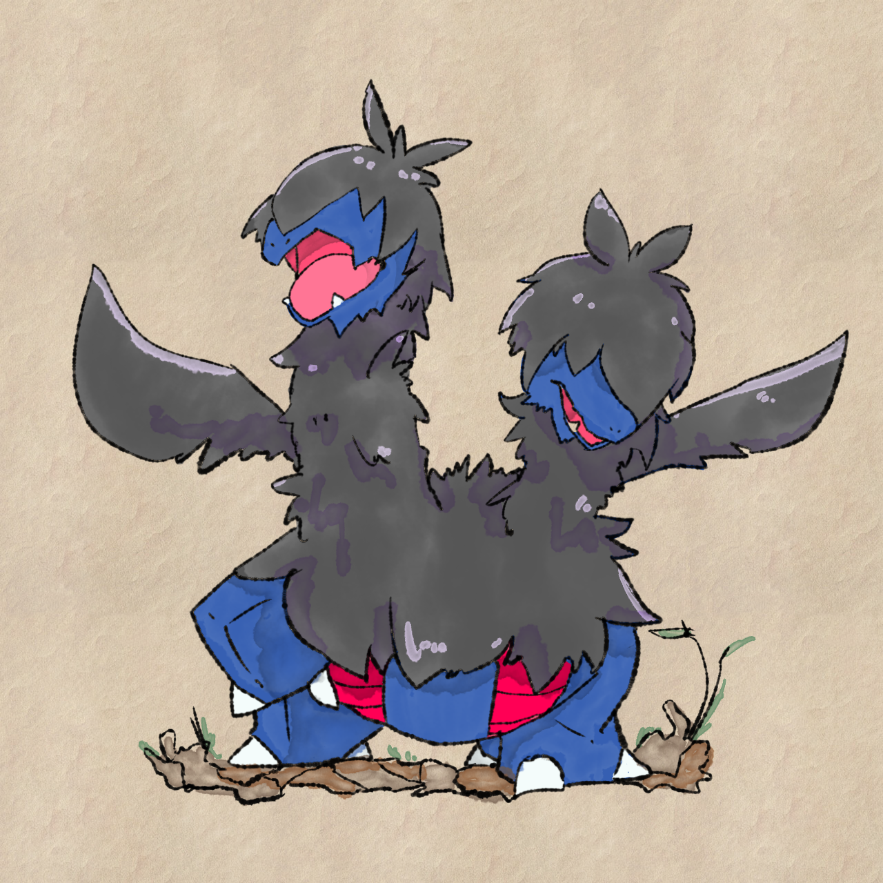 melon (komugimochi), zweilous, nintendo, pokemon, commentary request, highres, partial commentary, animal focus, fangs, full body, gen 5 pokemon, hair over eyes, multiple heads, no humans, nostrils, open mouth, pokemon (creature), pokemon focus, solo