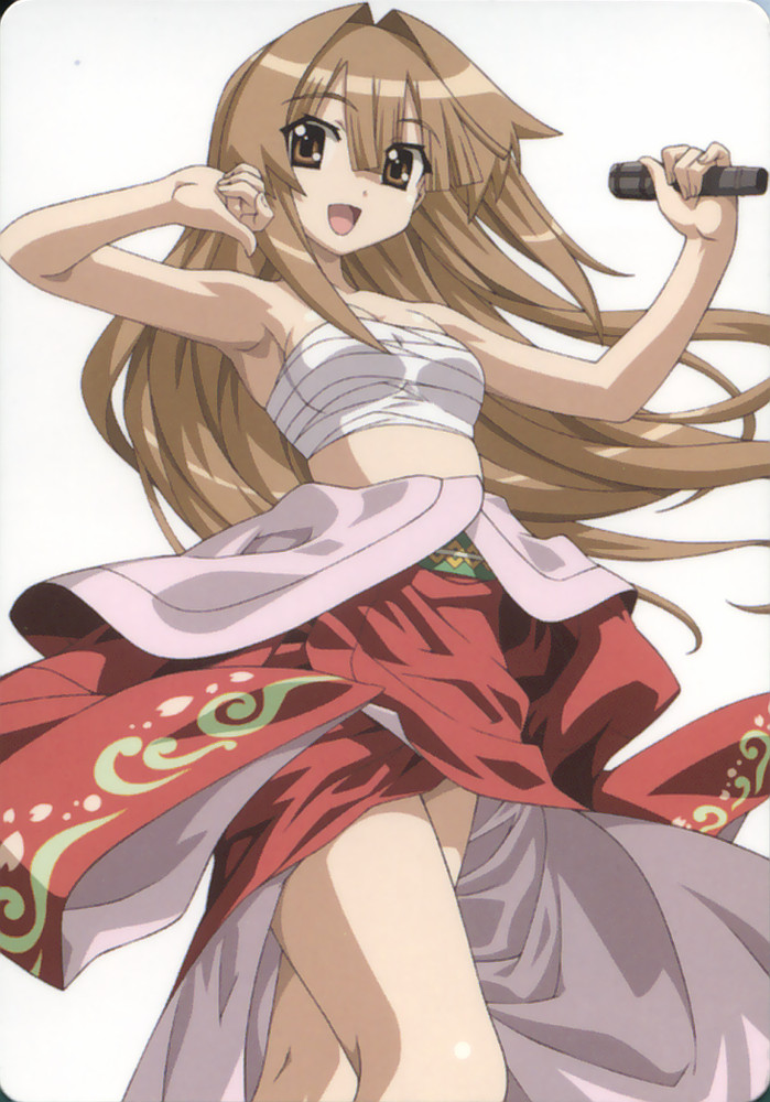 seto sun, seto no hanayome, scan, 00s, 1girl, brown eyes, brown hair, female focus, japanese clothes, kimono, long hair, microphone, sarashi, solo