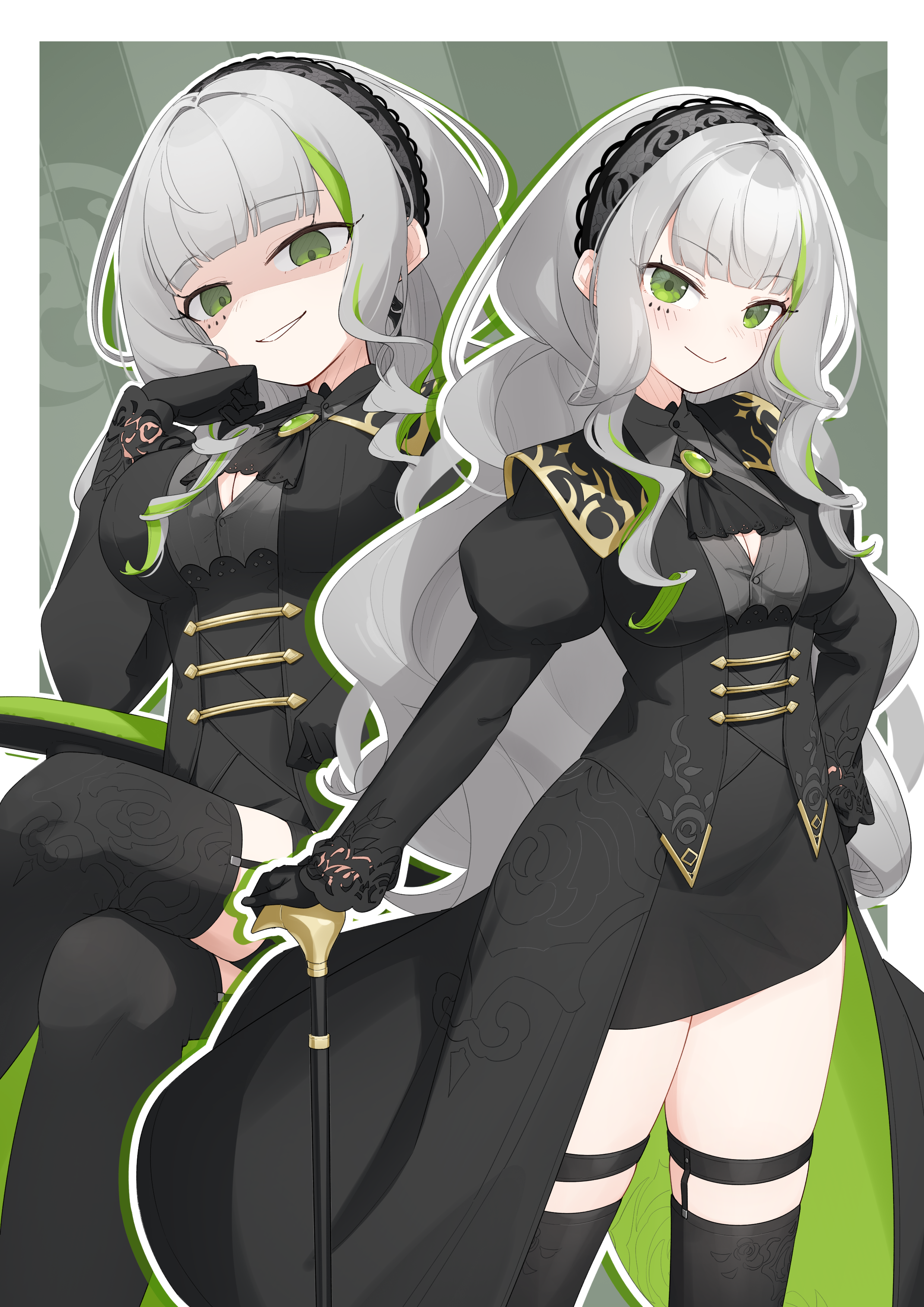 shiroba kamiya, firenze (stella sora), stella sora, absurdres, commentary request, highres, 1girl, ascot, black ascot, black dress, black gloves, black hairband, black jacket, black thighhighs, breasts, brooch, cane, cleavage, closed mouth, dress, floral print, gloves, green hair, grey hair, grin, hairband, jacket, jewelry, lace-trimmed sleeves, lace trim, legwear garter, long hair, mole, mole under eye, multicolored hair, multiple views, shaded face, smile, standing, streaked hair, thighhighs, very long hair, wavy hair