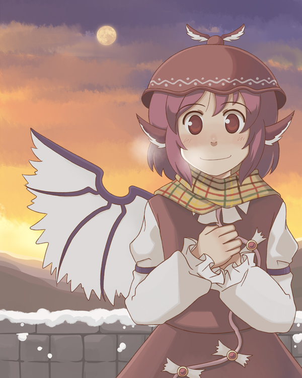 kourin (pixiv), kourinnsama, mystia lorelei, touhou, bad id, bad pixiv id, 1girl, animal ears, blush, breath, brown eyes, female focus, hat, moon, pink hair, scarf, short hair, smile, solo, sunset, wings