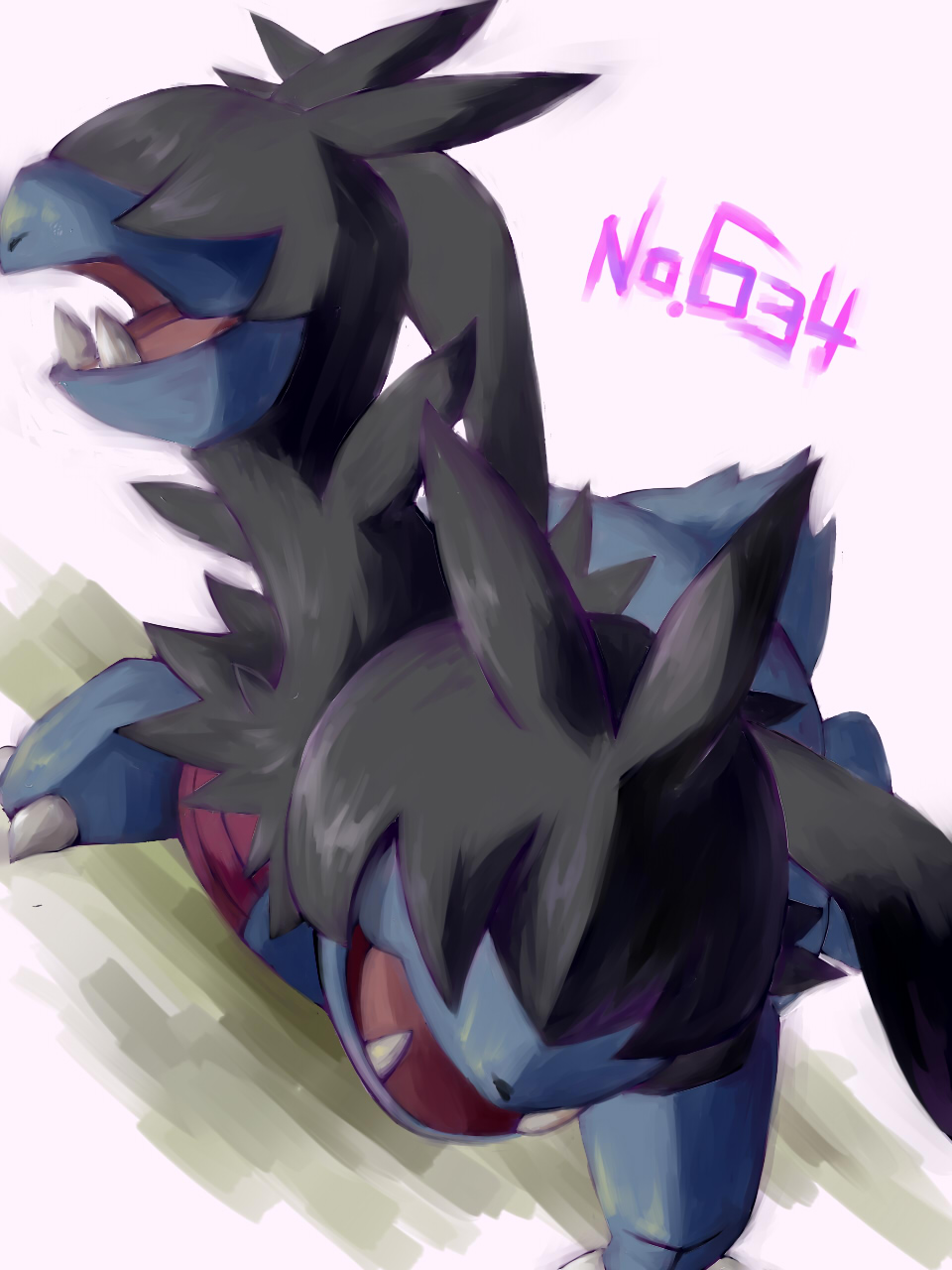 zweilous, nintendo, pokemon, commentary request, highres, animal focus, fangs, gen 5 pokemon, hair over eyes, multiple heads, nejiri-mikan, no humans, open mouth, pokedex number, pokemon (creature), pokemon focus, solo