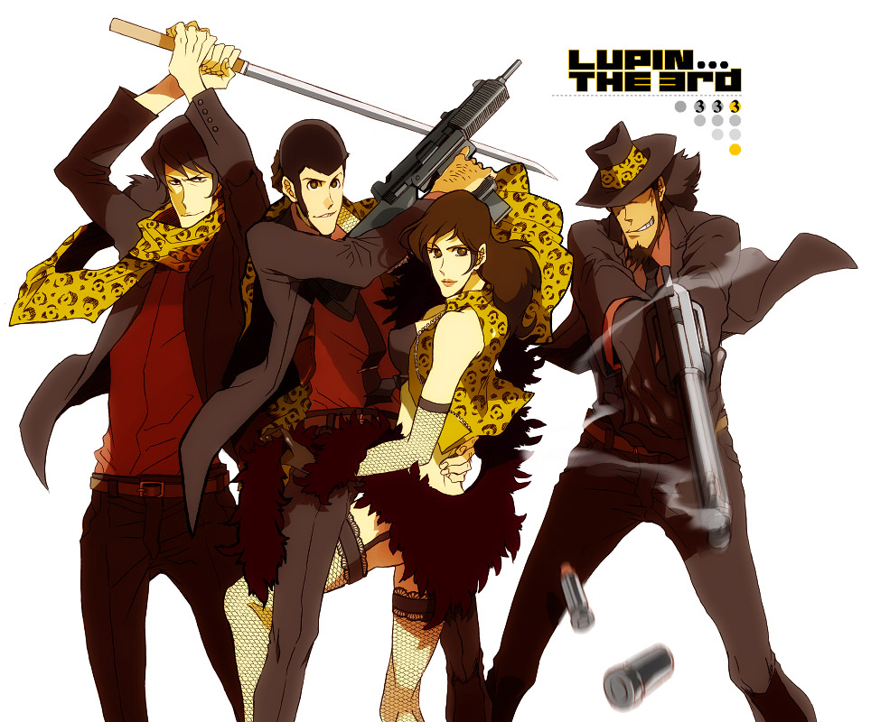 faddawdle, arsene lupin iii, ishikawa goemon xiii, jigen daisuke, mine fujiko, lupin iii, tms entertainment, machine pistol, bad id, bad pixiv id, 1girl, 3boys, beard, bullet, buttoned cuffs, buttons, facial hair, fedora, fishnets, gun, handgun, hat, multiple boys, revolver, scarf, shell casing, smoke, smoking barrel, submachine gun, sword, thighhighs, uzi, weapon