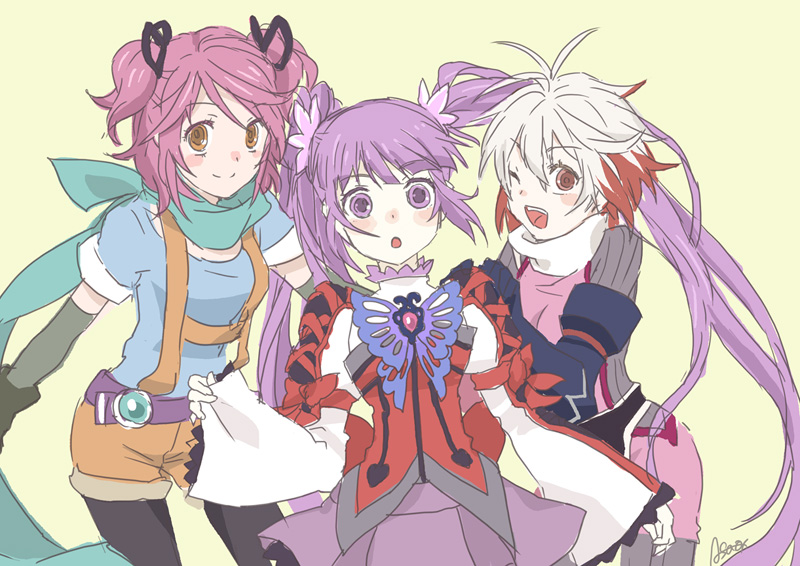 asao-vc, cheria barnes, pascal (tales), sophie (tales), tales of (series), tales of graces, 3girls, blue shirt, cheria barnes (cosplay), cosplay, costume switch, multicolored hair, multiple girls, pascal (tales) (cosplay), pink hair, purple hair, purple skirt, red hair, scarf, shirt, skirt, sophie (tales) (cosplay), twintails, two-tone hair, two side up, white hair, yellow background