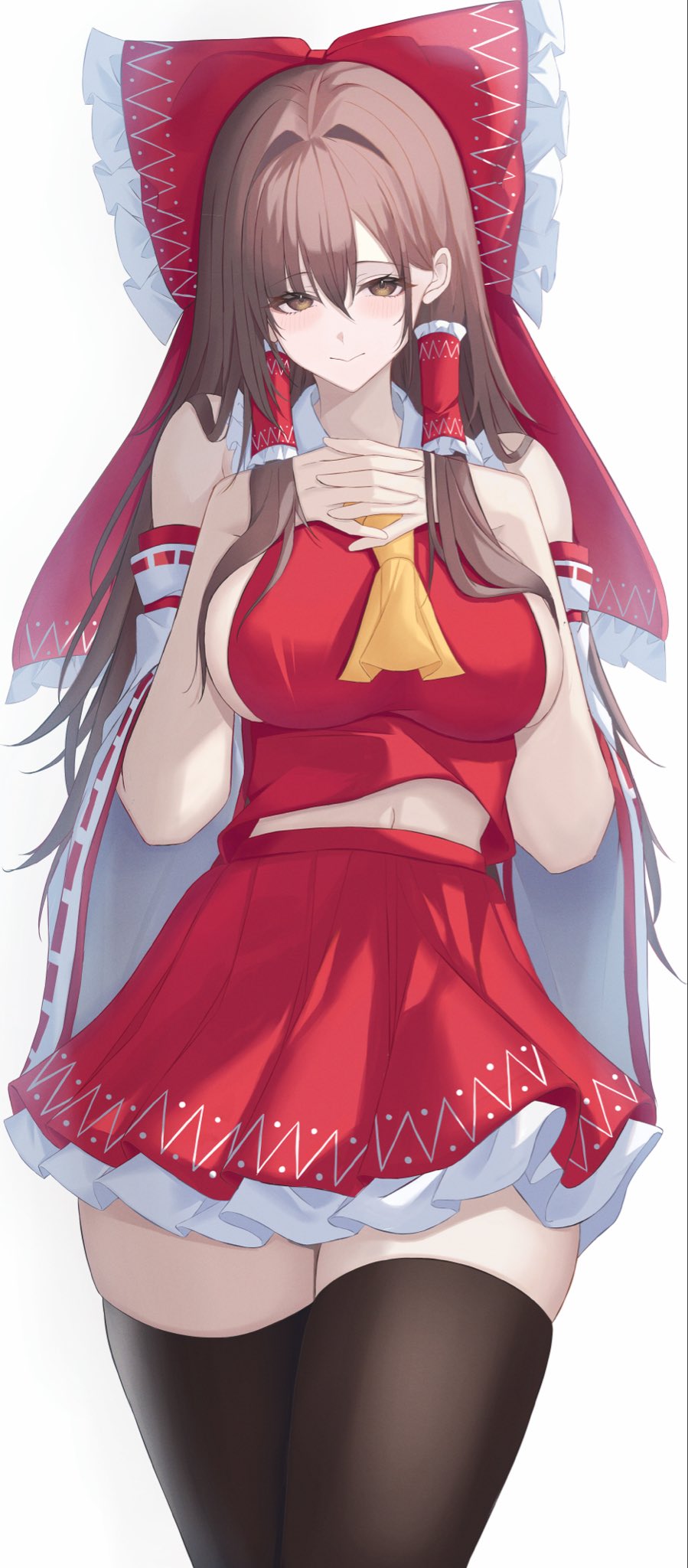 7saki, hakurei reimu, touhou, bad id, bad twitter id, highres, 1girl, ascot, black pantyhose, bow, breasts, brown eyes, brown hair, detached sleeves, frilled bow, frilled hair tubes, frills, hair between eyes, hair bow, hair tubes, large breasts, long hair, looking at viewer, navel, own hands together, pantyhose, red bow, red skirt, sideboob, simple background, skirt, solo, thighs, white background, white sleeves, yellow ascot