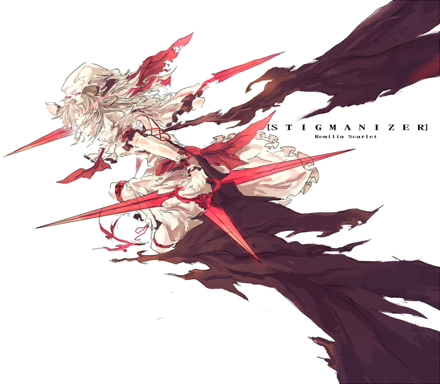 makai no juumin, remilia scarlet, touhou, silver hair, 1girl, dress, dual wielding, female focus, glowing, glowing eyes, hat, holding, solo, weapon, wings