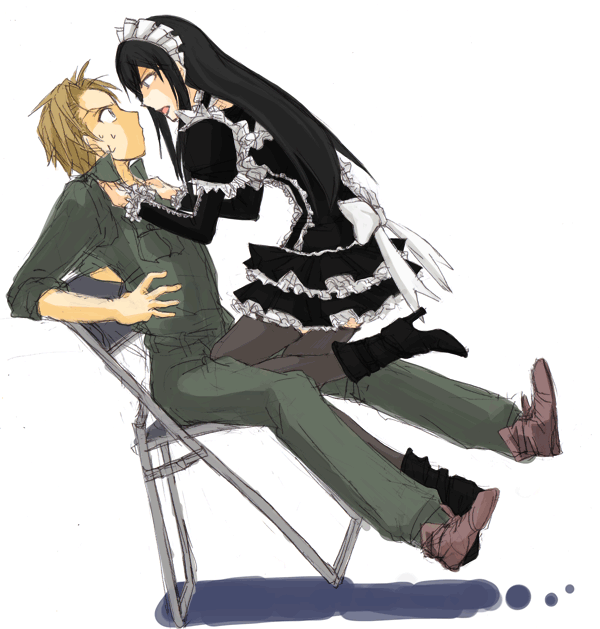 sawaki souemon tadayasu, yuuki kei, moyashimon, 2boys, ball busting, bdsm, black hair, boots, cbt, chair, crossdressing, crossdressing (mtf), crotch kick, dress, frills, gothic lolita, high heel boots, high heels, josou seme, lolita fashion, long hair, maid, maid headdress, male focus, male maid, multiple boys, pain, pantyhose, sitting, thighhighs, trap