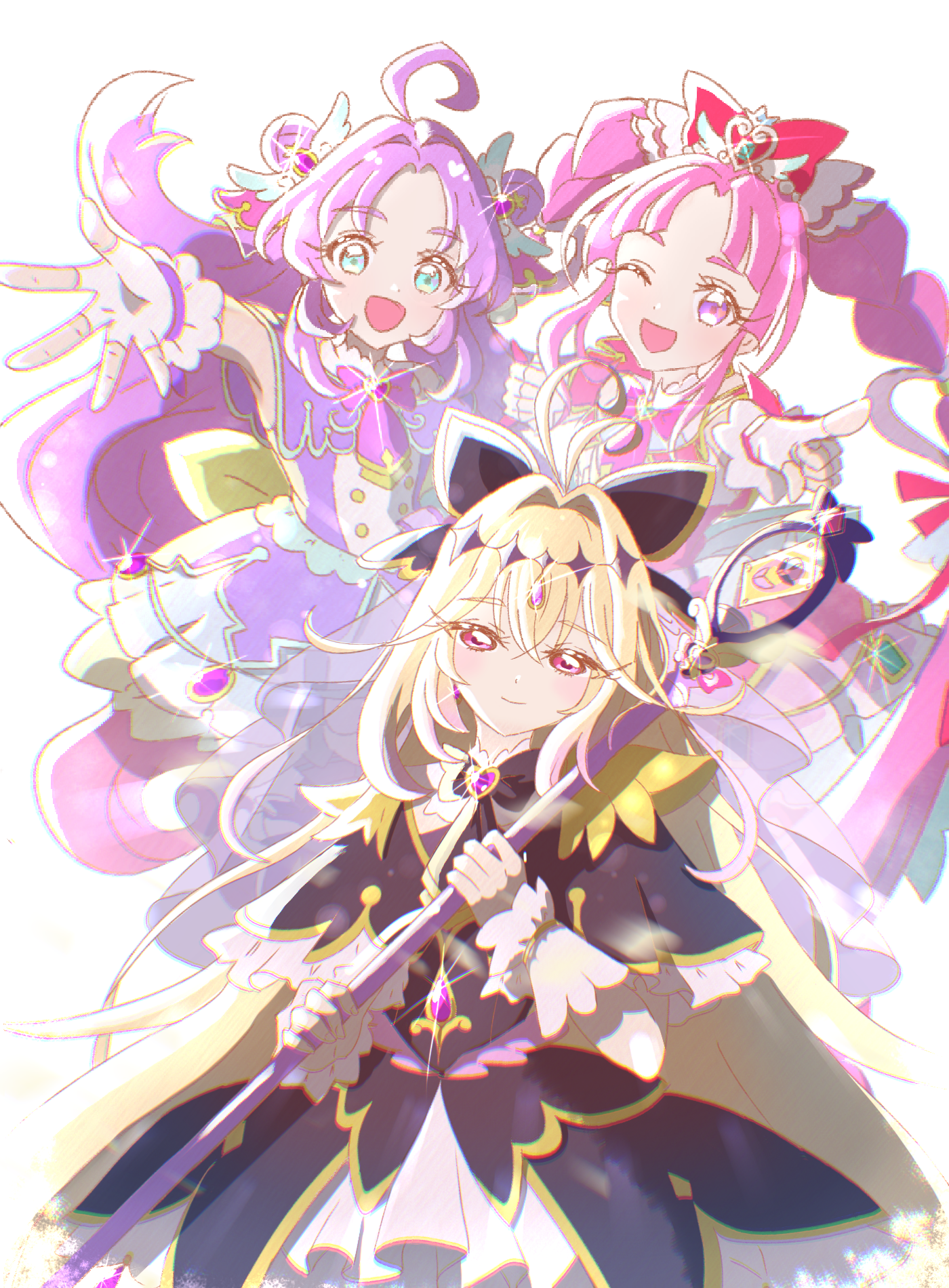 cure arcana shadow, cure mystique, meitantei precure!, precure, commentary, highres, 3girls, ahoge, akechi anna, antenna hair, black bow, black bowtie, black capelet, black dress, blonde hair, bow, bowtie, brooch, capelet, cure answer, diamond hairband, double bun, dress, fingerless gloves, frilled capelet, frills, gloves, gradient hair, hair bow, hair bun, hair intakes, hair ornament, half-closed eyes, head tilt, heart, heart brooch, heart hair ornament, holding, holding staff, jewelry, kobayashi mikuru, long hair, looking at viewer, magical girl, medium dress, moria luluka, multicolored hair, multiple girls, pink bow, pink bowtie, pink capelet, pink dress, pink eyes, pink hair, pointing, pointing at viewer, purple bow, purple bowtie, purple capelet, purple dress, purple hair, purple veil, reaching, reaching towards viewer, sparkle, staff, standing, tear arcana rod, twintails, veil, very long hair, white gloves, wonderful tanaka, wrist cuffs