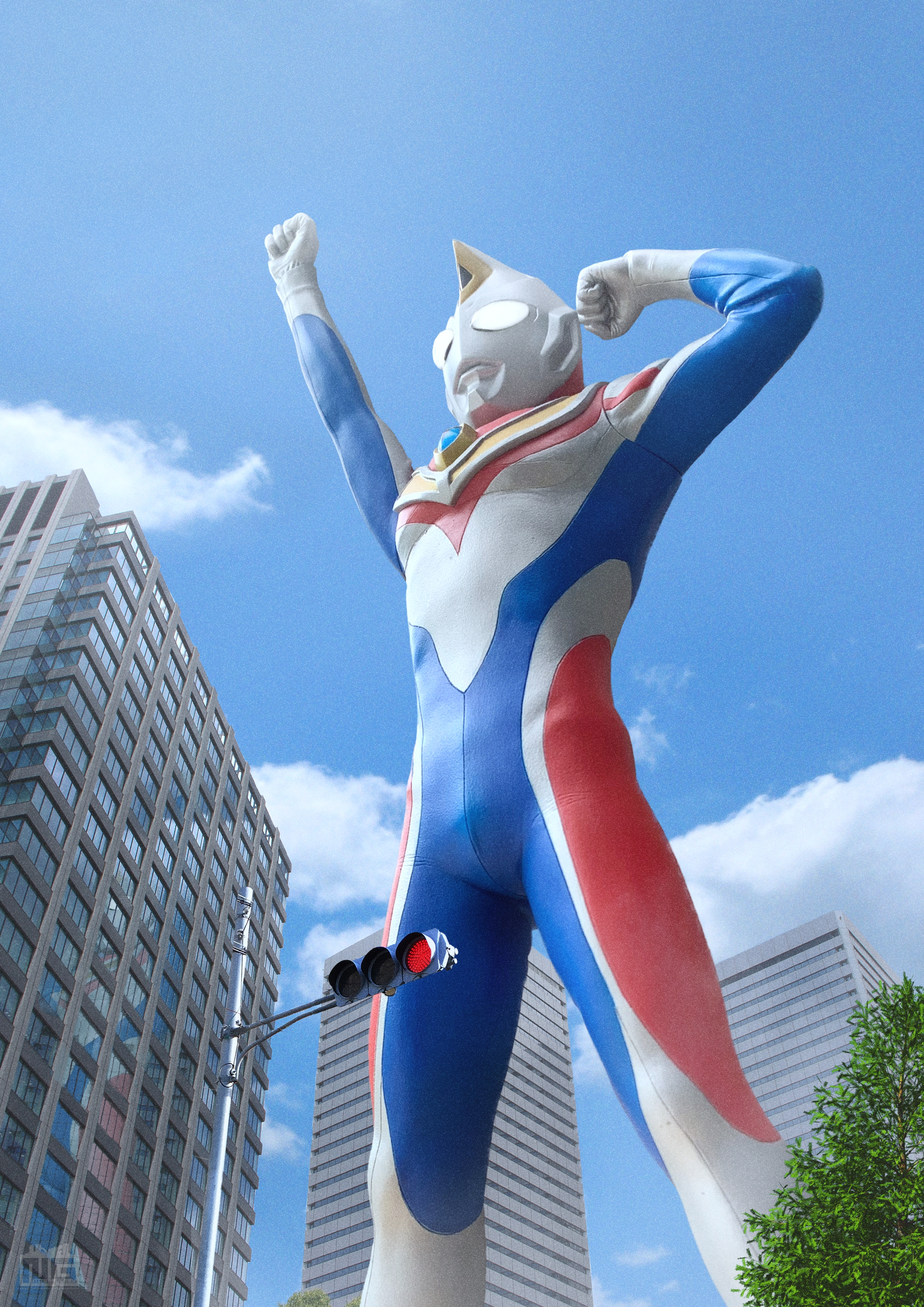 ito nobuhiko, ultraman dyna, ultraman dyna (flash type), tokusatsu, ultra series, ultraman dyna (series), absurdres, commentary, highres, photo (medium), 1boy, alien, armor, arms up, blue skin, blue sky, breastplate, building, city, cityscape, clenched hands, cloud, cloudy sky, color timer, colored skin, compound eyes, crystal, day, dorsal fin, feet out of frame, figure (medium), film grain, forehead jewel, from above, giant, giant male, glowing, glowing eyes, legs apart, looking up, male focus, multicolored skin, no pupils, outdoors, pectorals, red skin, reflection, silver skin, sky, skyscraper, solo, standing, traffic light, tree, white eyes, wrinkled skin