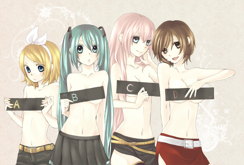 armor87, hatsune miku, kagamine rin, megurine luka, meiko (vocaloid), vocaloid, bad id, bad pixiv id, 4girls, aqua eyes, aqua hair, blonde hair, blue eyes, breasts, brown eyes, comparison, covering breasts, covering privates, hair ribbon, long hair, multiple girls, pink hair, ribbon, short hair, skirt, small breasts, smile, topless female, twintails, very long hair