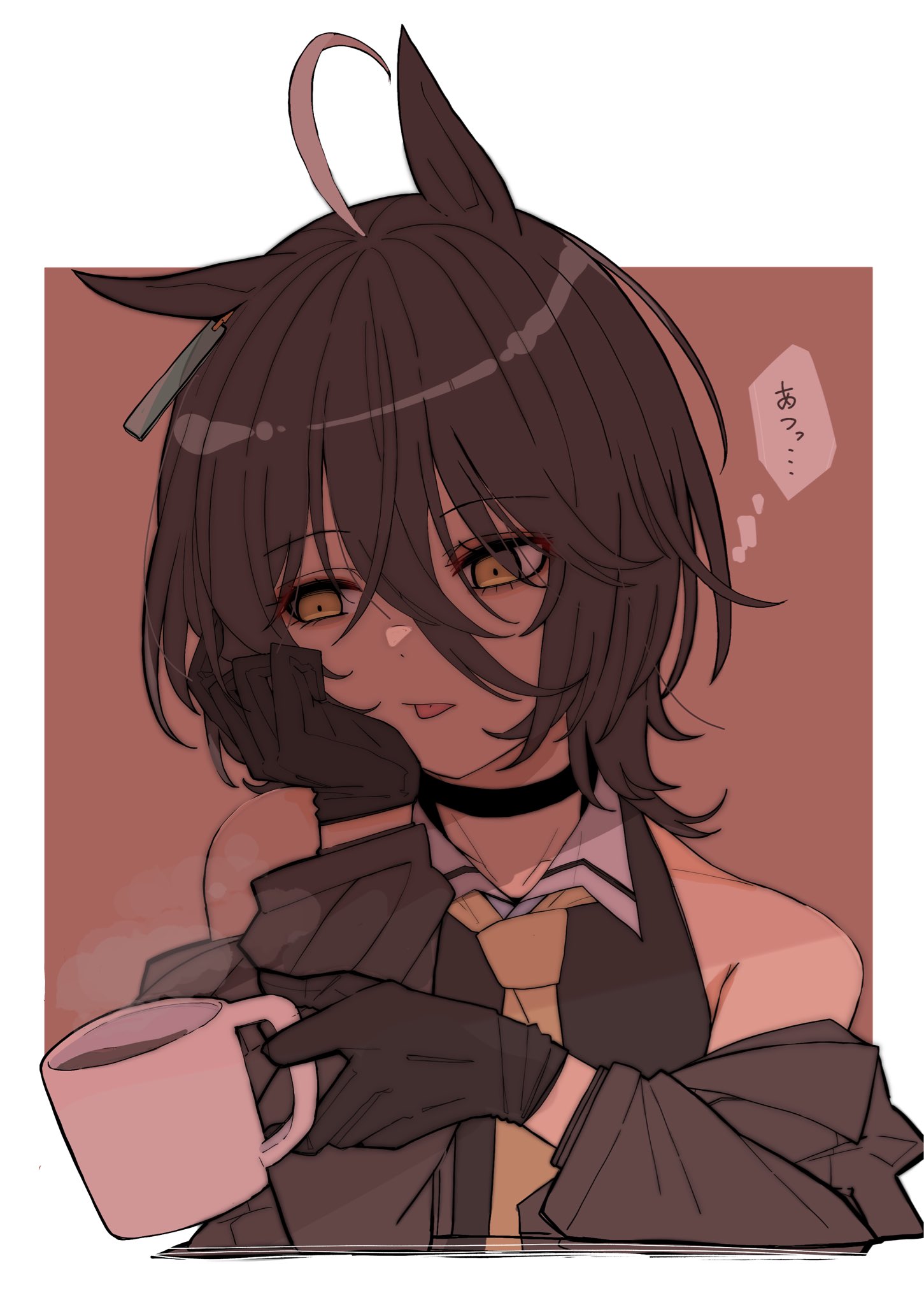 kawamochi (kawauti919), manhattan cafe (umamusume), umamusume, commentary request, highres, translation request, 1girl, ahoge, alternate hair length, alternate hairstyle, animal ears, bare shoulders, black coat, black gloves, black shirt, closed mouth, coat, coffee, collarbone, cup, ear tag, earrings, gloves, hair between eyes, hair ribbon, hand on own face, holding, holding cup, horse ears, horse girl, jewelry, long hair between eyes, medium hair, multicolored hair, necktie, off shoulder, one ear down, open clothes, open coat, ribbon, shirt, single earring, sleeveless, sleeveless shirt, solo, speech bubble, steam, thought bubble, tongue, tongue out, white hair, yellow eyes, yellow necktie