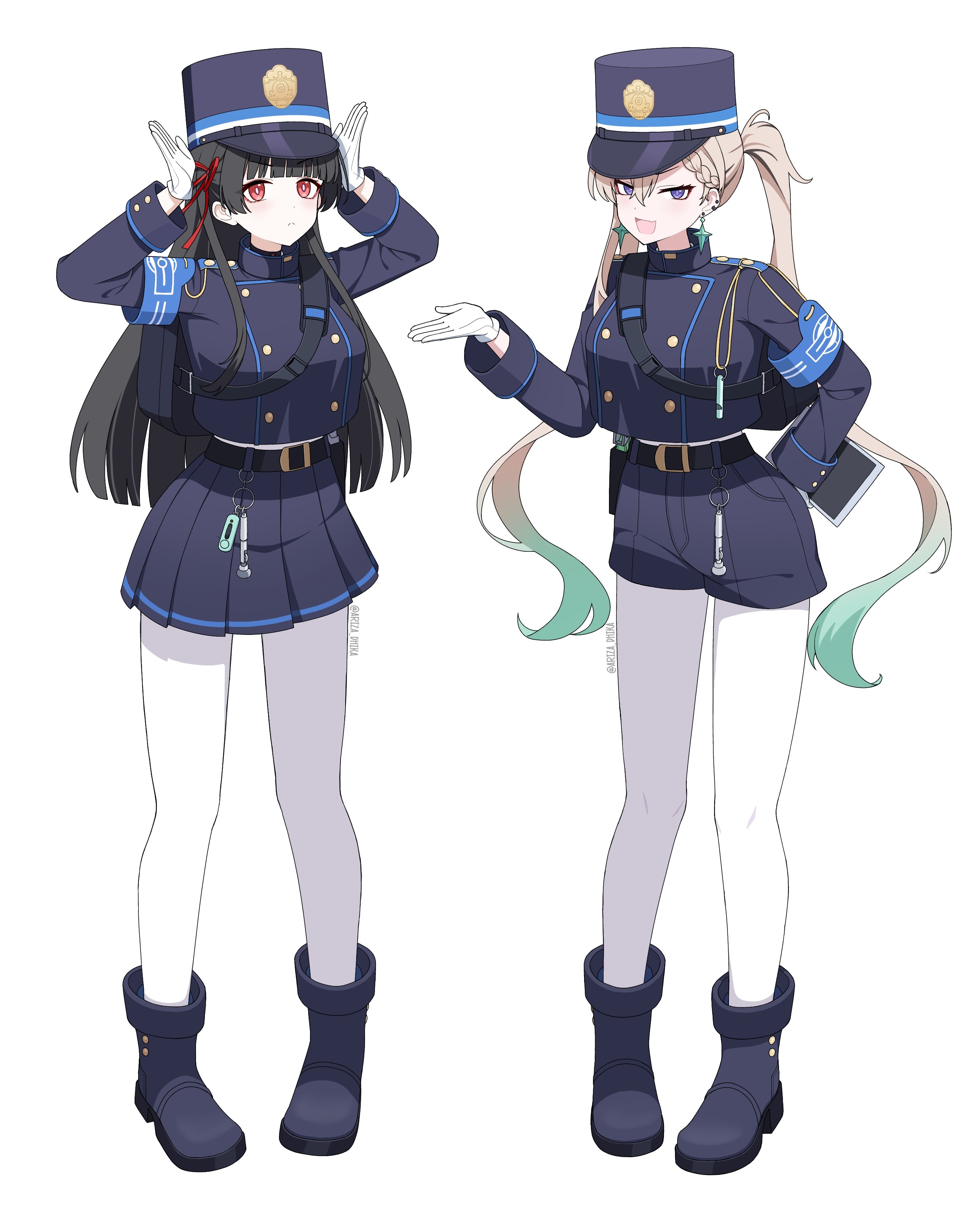 chisa (wuthering waves), hikari (blue archive), lynae (wuthering waves), nozomi (blue archive), blue archive, wuthering waves, absurdres, commentary, highres, 2girls, :<, :d, alternate costume, alternate hairstyle, ankle boots, aqua hair, ariza dhika, armband, belt, belt buckle, black bag, black belt, black boots, black hair, black hat, black jacket, black shorts, black skirt, blonde hair, blue armband, blunt bangs, blunt ends, boots, braid, braided bangs, bright pupils, buckle, buttoned cuffs, buttons, closed mouth, cosplay, double-breasted, ear piercing, earrings, fang, full body, gloves, gradient hair, hair between eyes, hair ribbon, hand on own hip, hat, hikari (blue archive) (cosplay), hime cut, jacket, jewelry, kepi, long hair, long sleeves, looking at viewer, military hat, military uniform, miniskirt, multicolored hair, multiple girls, multiple piercings, nozomi (blue archive) (cosplay), open mouth, pantyhose, piercing, pigeon-toed, pleated skirt, pose imitation, purple eyes, rabbit pose, red eyes, red ribbon, ribbon, short shorts, shorts, shoulder belt, shoulder boards, simple background, skin fang, skirt, skirt set, sleeve cuffs, smile, standing, tareme, tsurime, twintails, two-tone hair, v-shaped eyebrows, very long hair, white background, white gloves, white pantyhose, white pupils