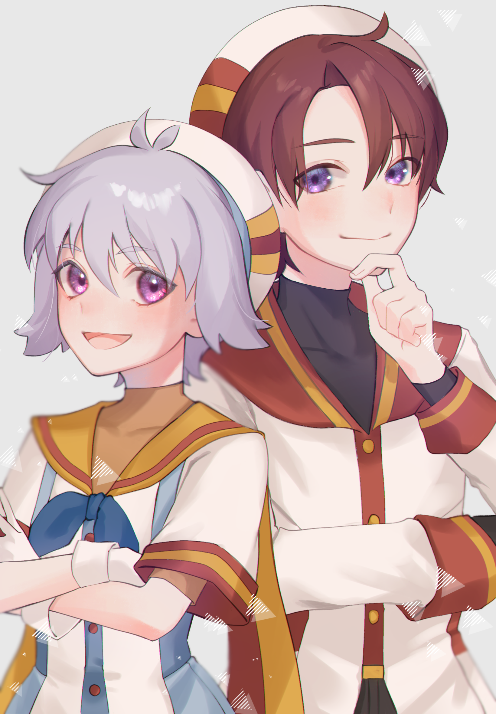 violet (mesy4285), toyama daifuku, toyama satoru, precure, wonderful precure!, commentary request, highres, 2boys, black shirt, blue neckerchief, brown hair, brown shirt, crossed arms, gloves, grey background, hat, long sleeves, male focus, multiple boys, neckerchief, open mouth, purple eyes, sailor collar, shirt, short hair, smile, upper body, white gloves, white hat, white shirt