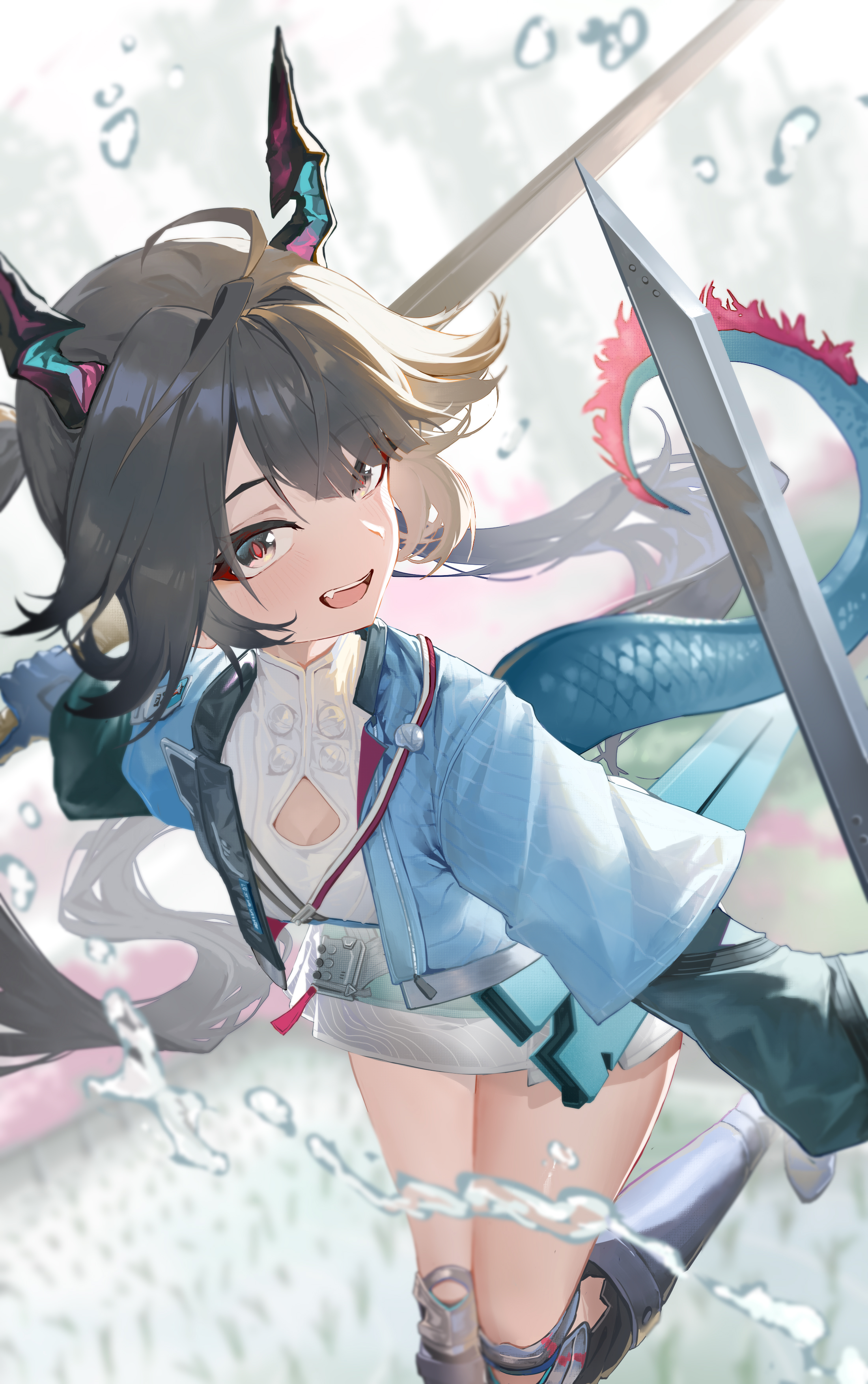 touhoureporter, chen qianyu (arknights), arknights, arknights: endfield, absurdres, commentary request, highres, 1girl, black hair, blue jacket, blurry, blurry background, crop top, dragon girl, dragon horns, dragon tail, horns, jacket, looking at viewer, low twintails, smile, solo, sword, tail, twintails, water drop, weapon