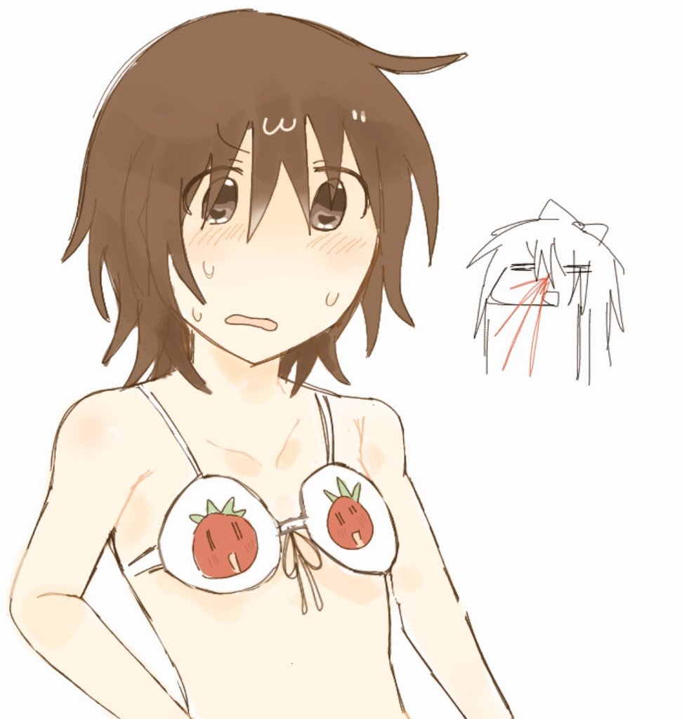 funami yui, yuruyuri, blood, blush, bra, brown eyes, brown hair, funami yui (artist), light blush, nosebleed, sweat, tomato, underwear