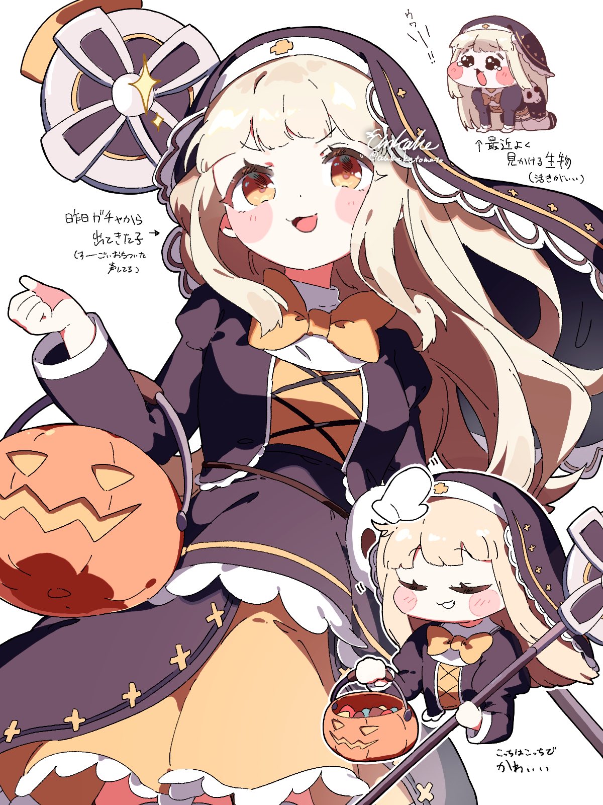 ankaketomato, speaki (trickcal), trickcal, commentary request, highres, 1girl, :3, black dress, blonde hair, blush stickers, bow, chibi, closed eyes, crying, dress, halloween bucket, holding, holding staff, long hair, meme, multiple views, nun, nun headdress, open mouth, orange bow, orange eyes, smirk, solo, speakiposting (meme), staff